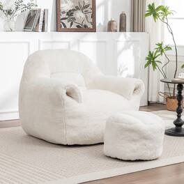 GOODSILO - Comfy Bean Bag Chair with Back Support & Footstool | Soft Faux Fur Floor Sofa for Adults & Kids - White