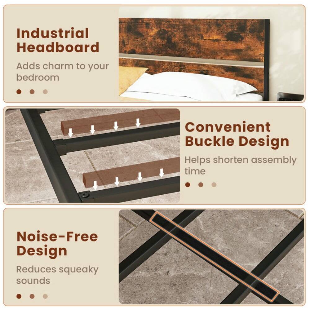 Industrial Headboard  
Adds charm to your bedroom  

Convenient Buckle Design  
Helps shorten assembly time  

Noise-Free Design  
Reduces squeaky sounds