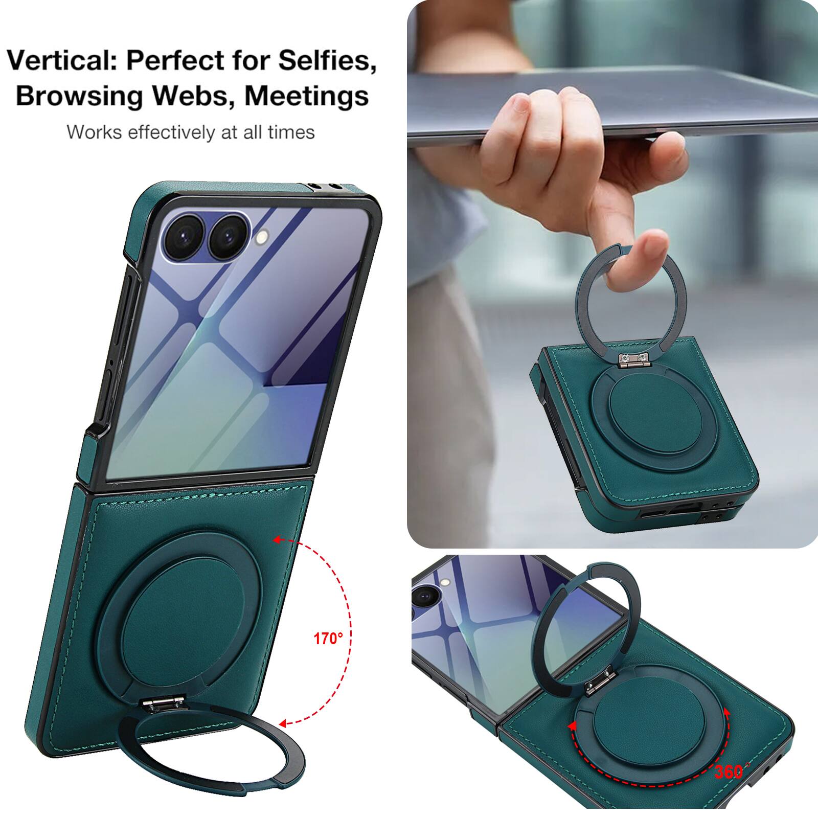 Vertical: Perfect for Selfies, Browsing Webs, Meetings  
Works effectively at all times  

170°  
360°
