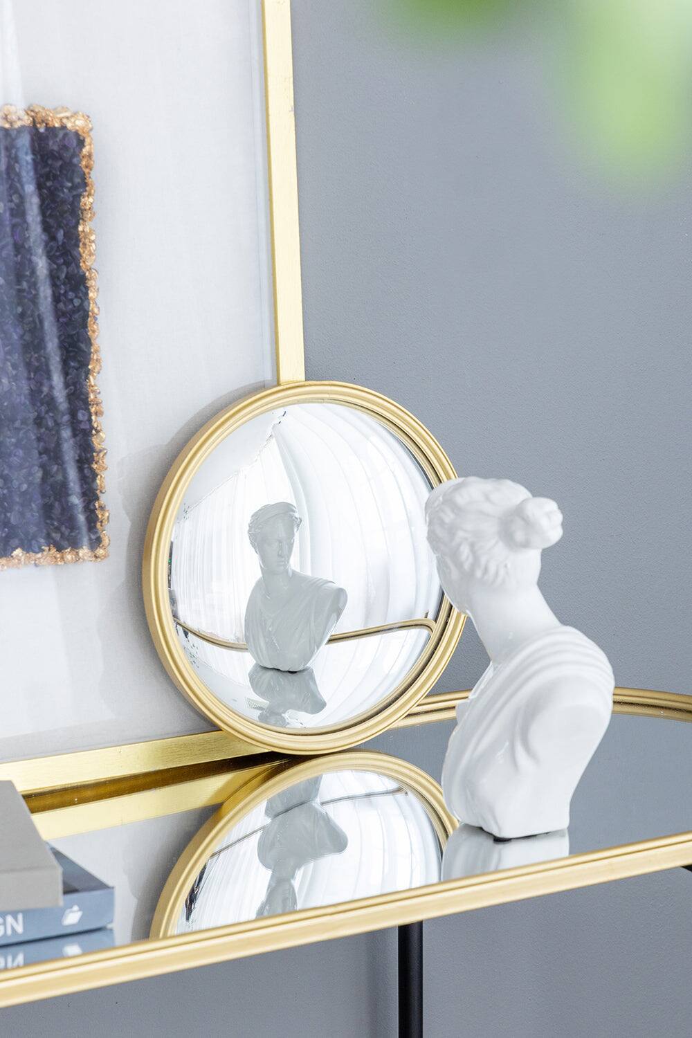 Left. BreeBe - D11' Gold Round Mirror, Circle Mirror with Iron Frame for Living Room Bedroom Vanity Entryway Hallway - Gold.