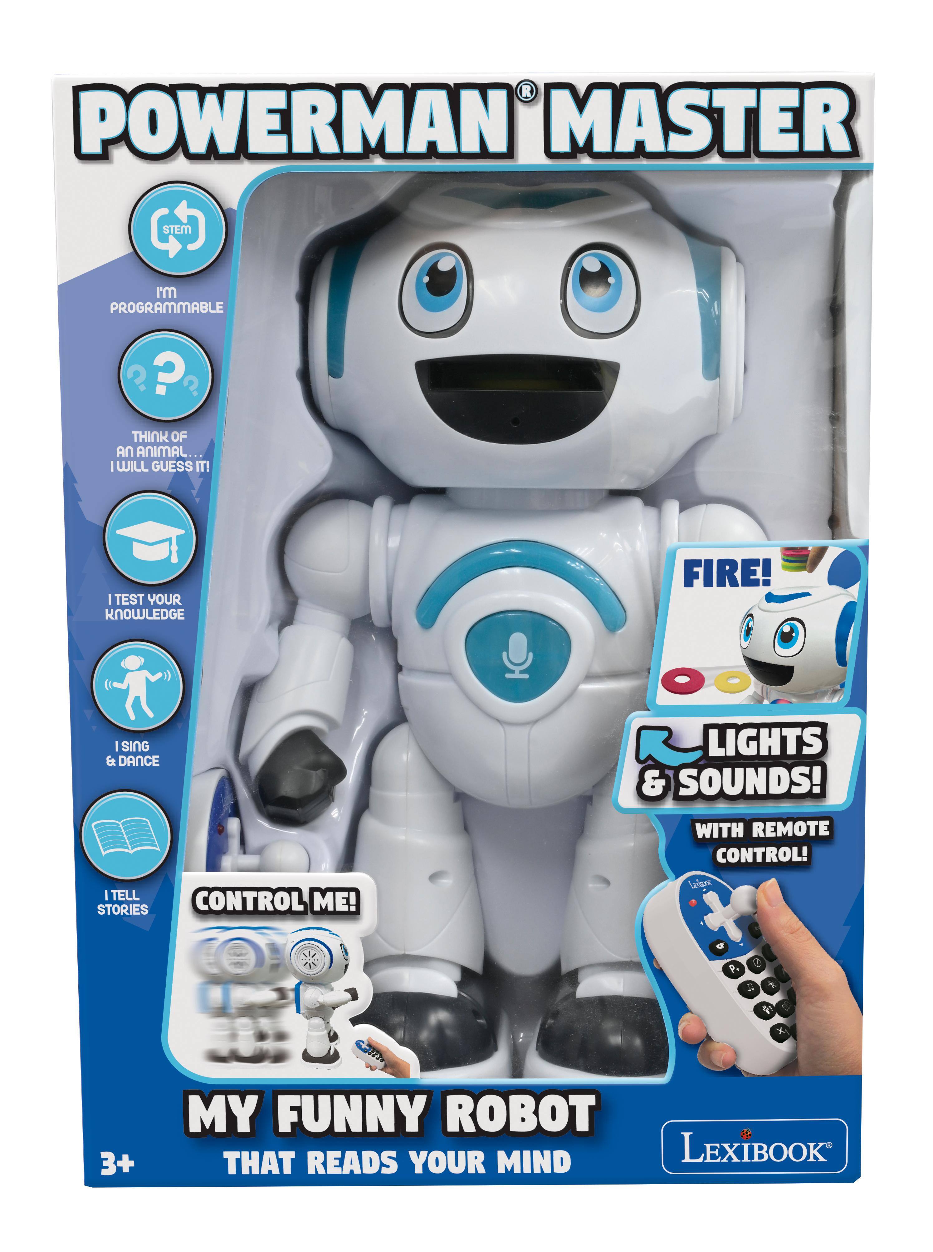 POWERMAN MASTER  
STEM  
I'M PROGRAMMABLE  
? ? ?  
THINK OF AN ANIMAL... I WILL GUESS IT!  
I TEST YOUR KNOWLEDGE  
FIRE!  
I SING & DANCE - TELL STORIES  
LIGHTS & SOUNDS! WITH REMOTE CONTROL!  
CONTROL ME!  
MY FUNNY ROBOT THAT READS YOUR MIND  
3+  
LEXIBOOK