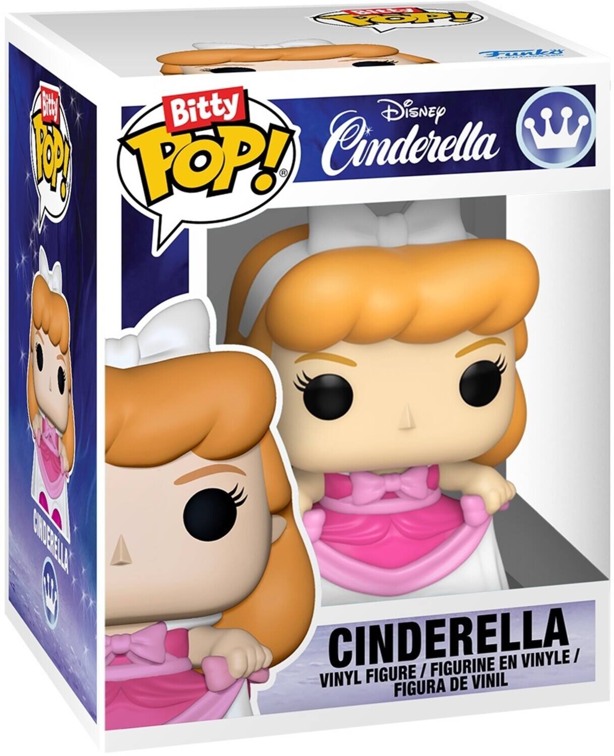 The text on the image can be grouped and corrected as follows:

- **Brand and Series**: Bitty Pop!
- **Character**: Disney Cinderella
- **Description**: Vinyl Figure / Figurine en Vinyle / Figura de Vinil

This indicates that it is a vinyl figure of Cinderella from the Disney series, part of the Bitty Pop! collection.