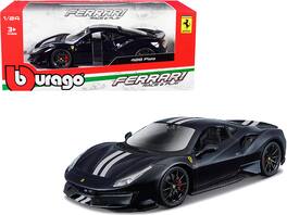 Ferrari 488 Pista Dark Blue Metallic with Silver Stripes 1/24 Diecast Model Car by Bburago - Blue Metallic and Silver