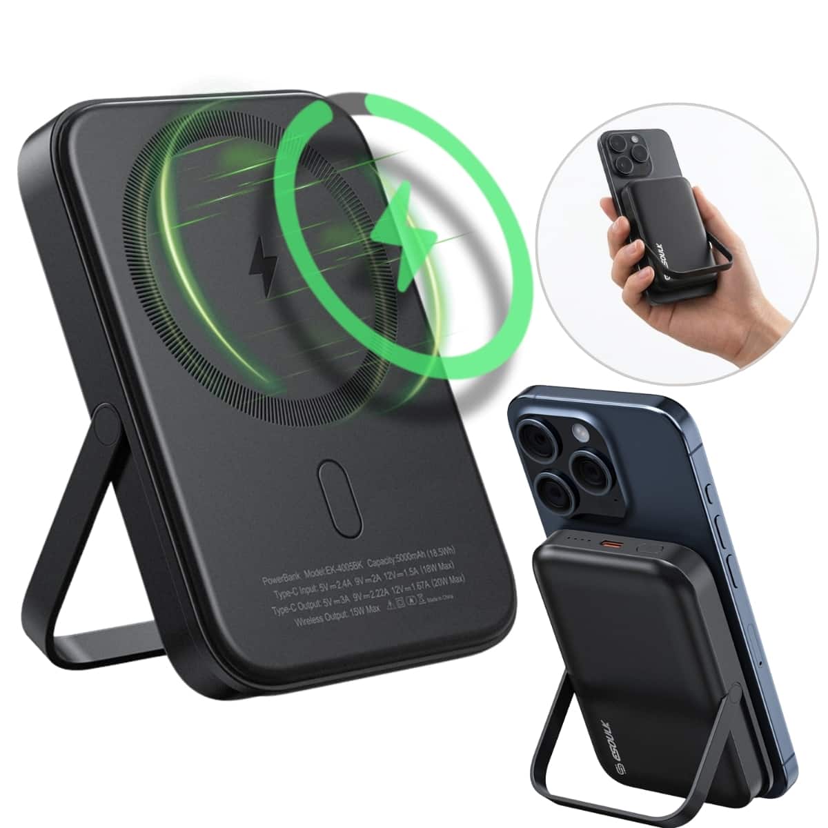 TH0F Capacity: 5000mAh (18.50Wh)  
Model: EX-40058K  
SA  
LTBW Max)  
PowerBank  
9V m2A  
12V m1.5A m Max)  
5V m2.4A  
12Vm1.87A (20W Max)  
12Vm1.67A m ATB (20W  
Type-C Input 9Vm2.22A  
12V 5Vm3A m  
ve 1.00 A  
Z Output  
5V A a  
Type-C 15W Max  
Wireless Output  
ESOULE