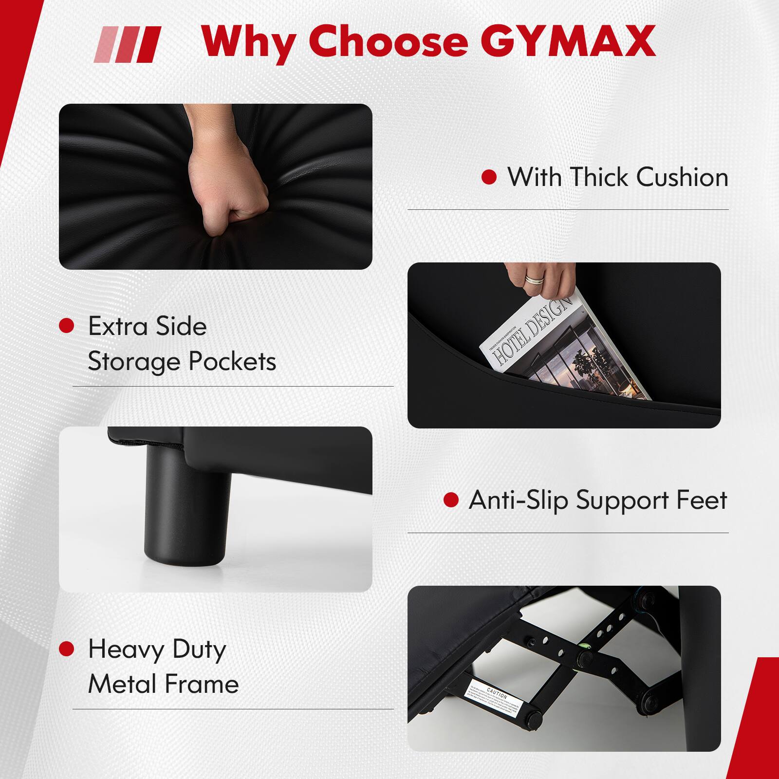 The text on the image can be grouped and corrected as follows:
1. Why Choose GYMAX:
* With Thick Cushion
* Extra Side Storage Pockets
* Designed for Hotel Use
* Anti-Slip Support Feet
* Heavy Duty Metal Frame
* Caution: Do not use as a flotation device.