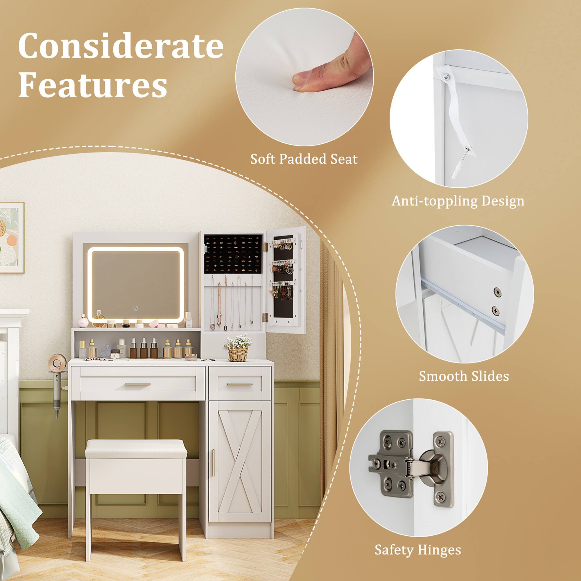 Considerate Features

- Soft Padded Seat
- Anti-toppling Design
- Smooth Slides
- Safety Hinges