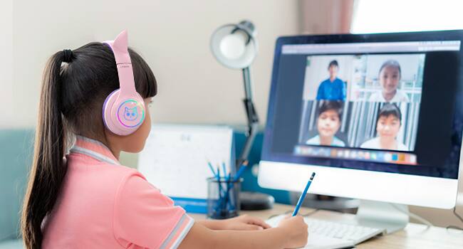 Alt View 7. Loheer - Loheer Kids Bluetooth 5.4 Headphones with Cat Ear RGB Lights, 94dB Volume Limit, 50H Playtime, Wired, Pink/Purple.