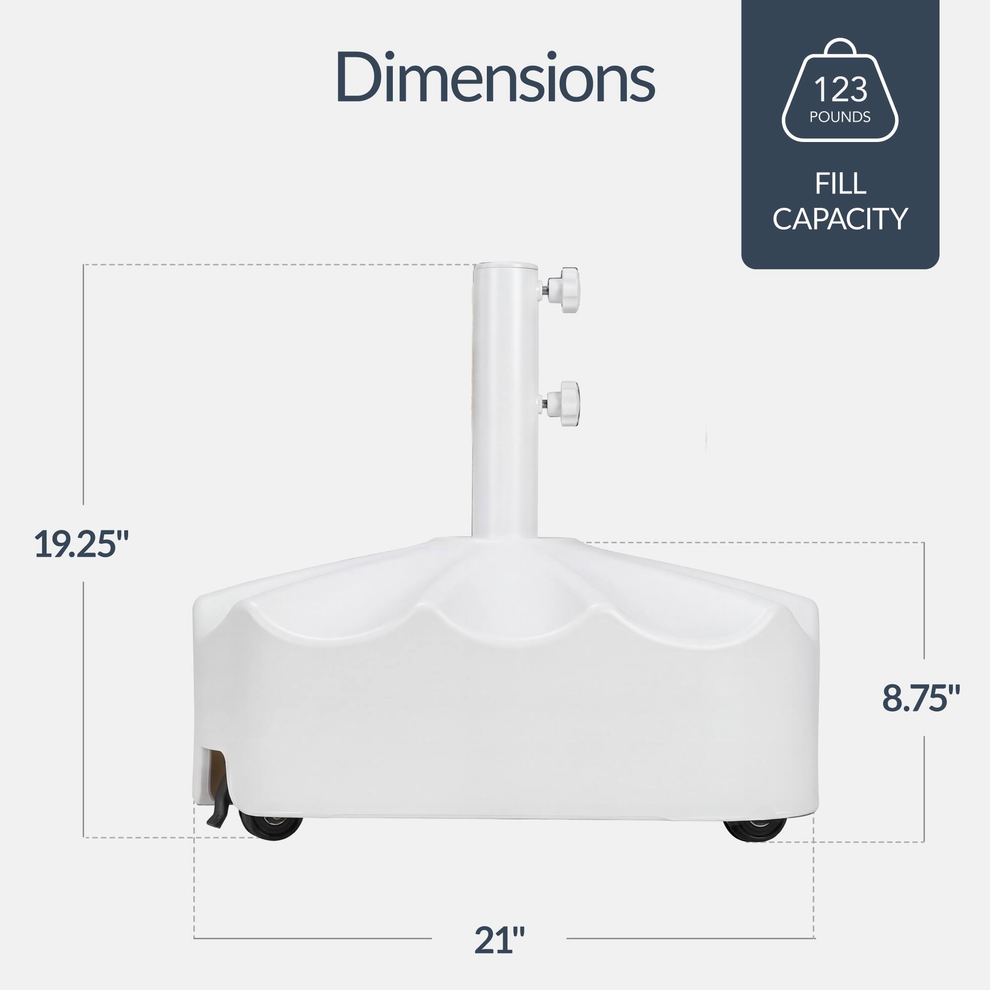 Dimensions: 123 POUNDS  
Fill Capacity: 19.25" x 8.75" x 21"
