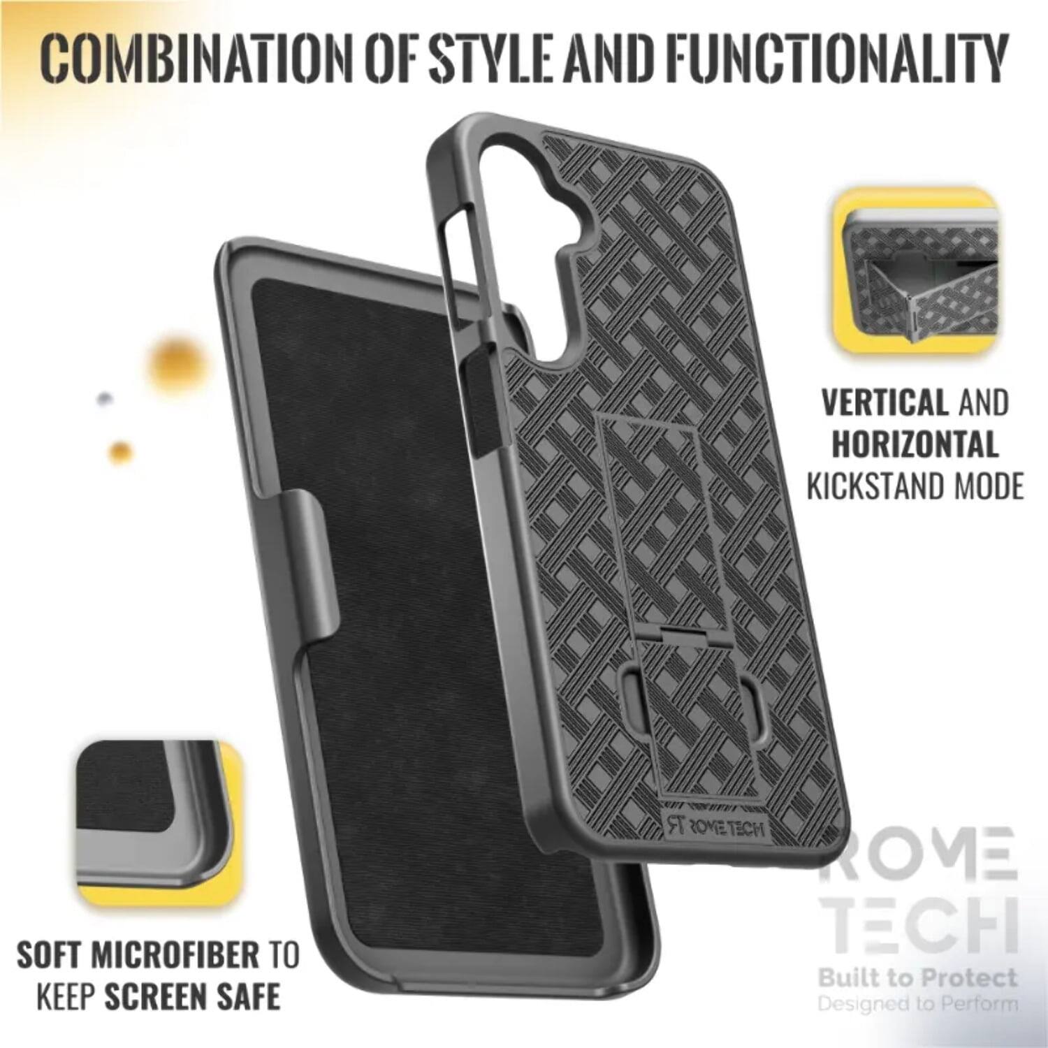 COMBINATION OF STYLE AND FUNCTIONALITY  
VERTICAL AND HORIZONTAL KICKSTAND MODE  
SOFT MICROFIBER TO KEEP SCREEN SAFE  

ROME TECH  
Built to Protect  
Designed to Perform