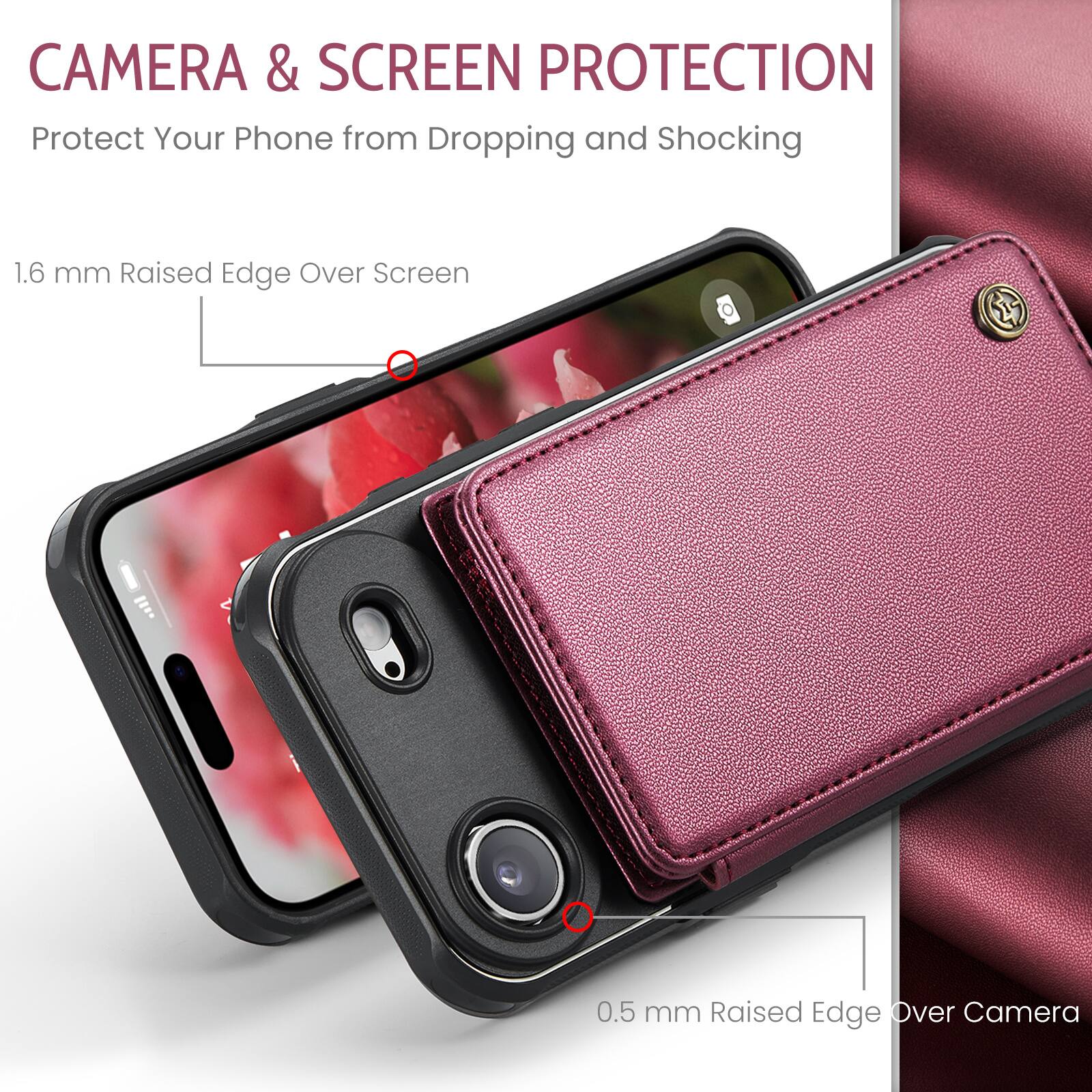 CAMERA & SCREEN PROTECTION  
Protect Your Phone from Dropping and Shocking  

1.6 mm Raised Edge Over Screen  
0.5 mm Raised Edge Over Camera