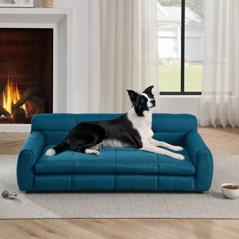 Left. Siljoy - Dark Blue Linen Pet Sofa for Big Dogs, Elevated Dog Bed with Armrests & Back Support - Dark Blue.