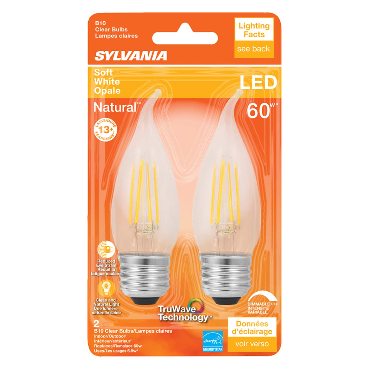B10 Clear Bulbs Lampes claires Lighting Facts SYLVANIA Soft White Opale Natural ISTEDUAE 13 EAARIANE see back LED w 60W Reduced Eye Strain Rduit la fatigue oculair Clean and Natural Light DIMMABLE .. Une lumire TruWave INTENSITE naturelle Saine VARIABLE Technology 2 Donnes B10 Clear Bulbs/Lampes claires d'clairage Indoor/Outdoor Interieur/extrieur 2 voir verso Replaces/Remplace 60w NERGT STAR Uses/Les usages 5.5w*