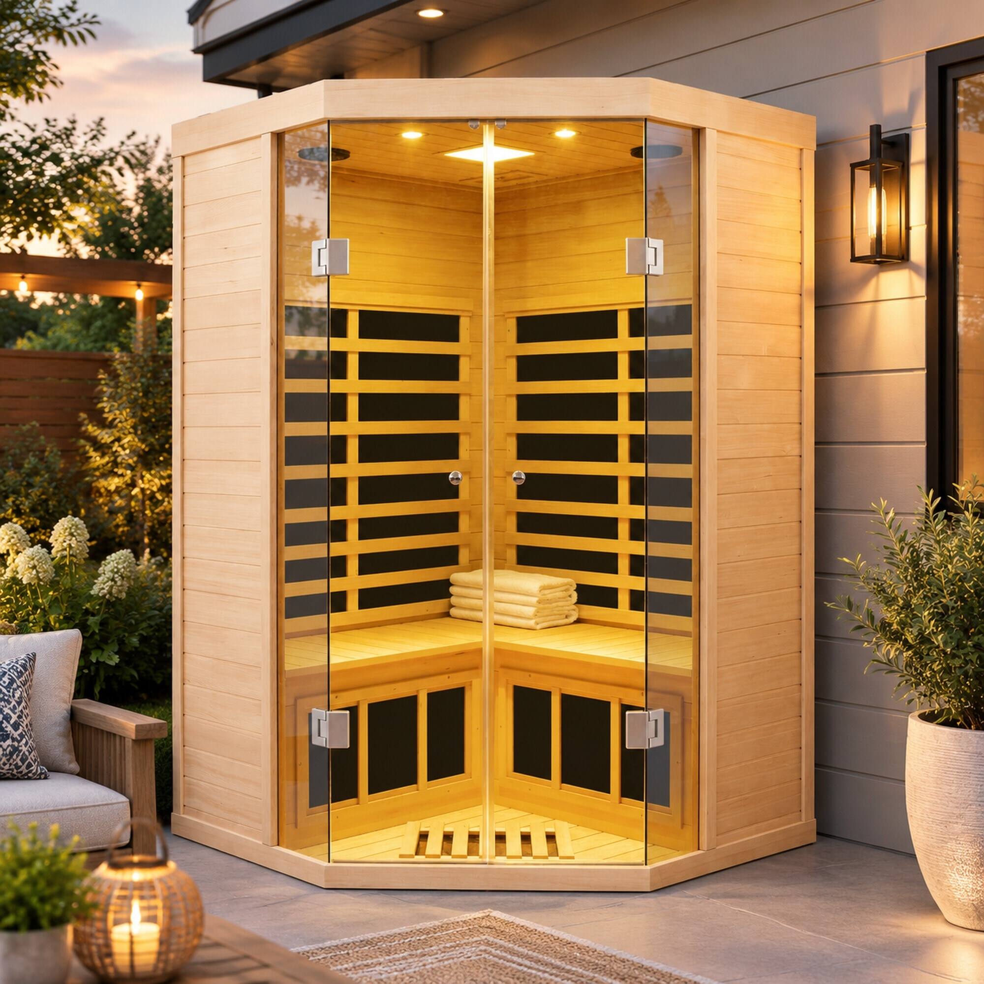 Angle. RYHNUYNE - 2 Person Hemlock Far Infrared Corner Sauna, Panoramic Glass Front, 7 Heating Panels, 1520W, Bluetooth and APP Control - Natural.