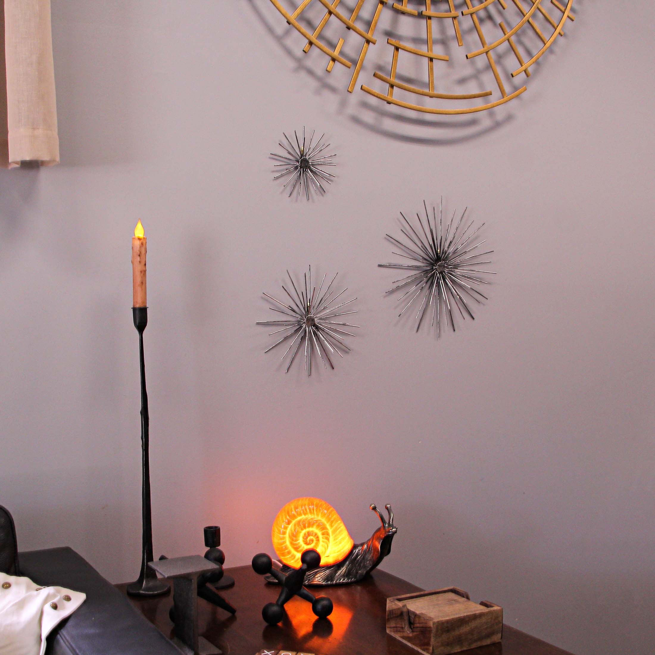 Alt View 4. Zeckos - Aged Silver Finish Mid-Century Modern Atomic Star Burst Wall Sculptures Set of 3 - Silver.