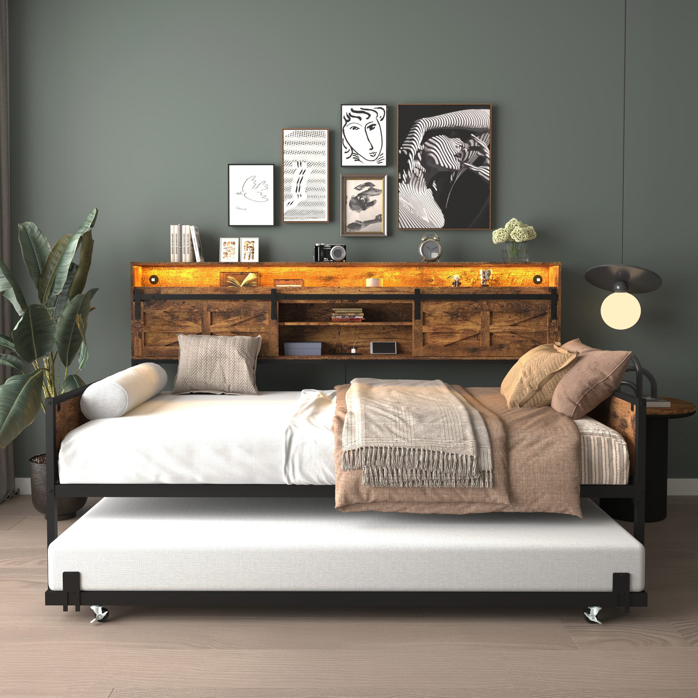 LUCKY ONE - Farmhouse Twin Daybed with Trundle,Charging Station & LED Light - Black+Brown