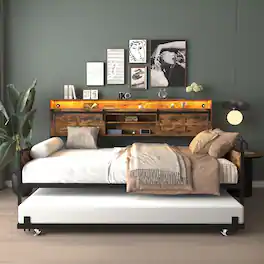 LUCKY ONE - Farmhouse Twin Daybed with Trundle,Charging Station & LED Light - Black+Brown