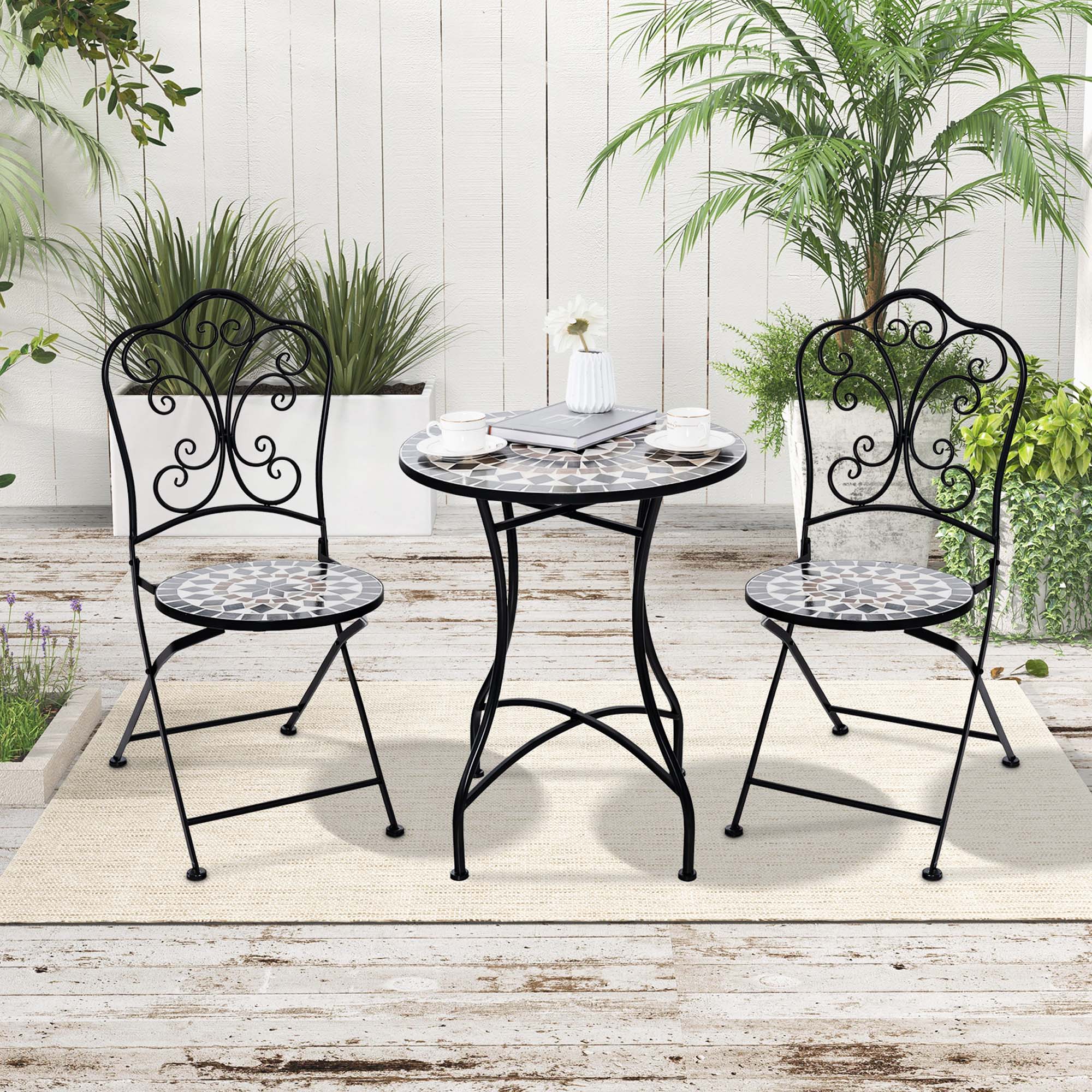 Alt View 3. Costway - Costway 3pcs Patio Bistro Set Mosaic Pattern Heavy-Duty Metal Dining Folding Outdoor - Black.