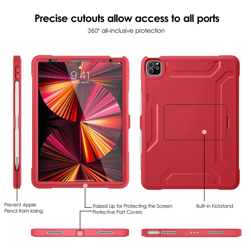 Precise cutouts allow access to all ports  
360° all-inclusive protection  

- Prevent Apple Pencil from losing  
- Raised Lip for Protecting the Screen  
- Protective Port Covers  
- Built-in Kickstand
