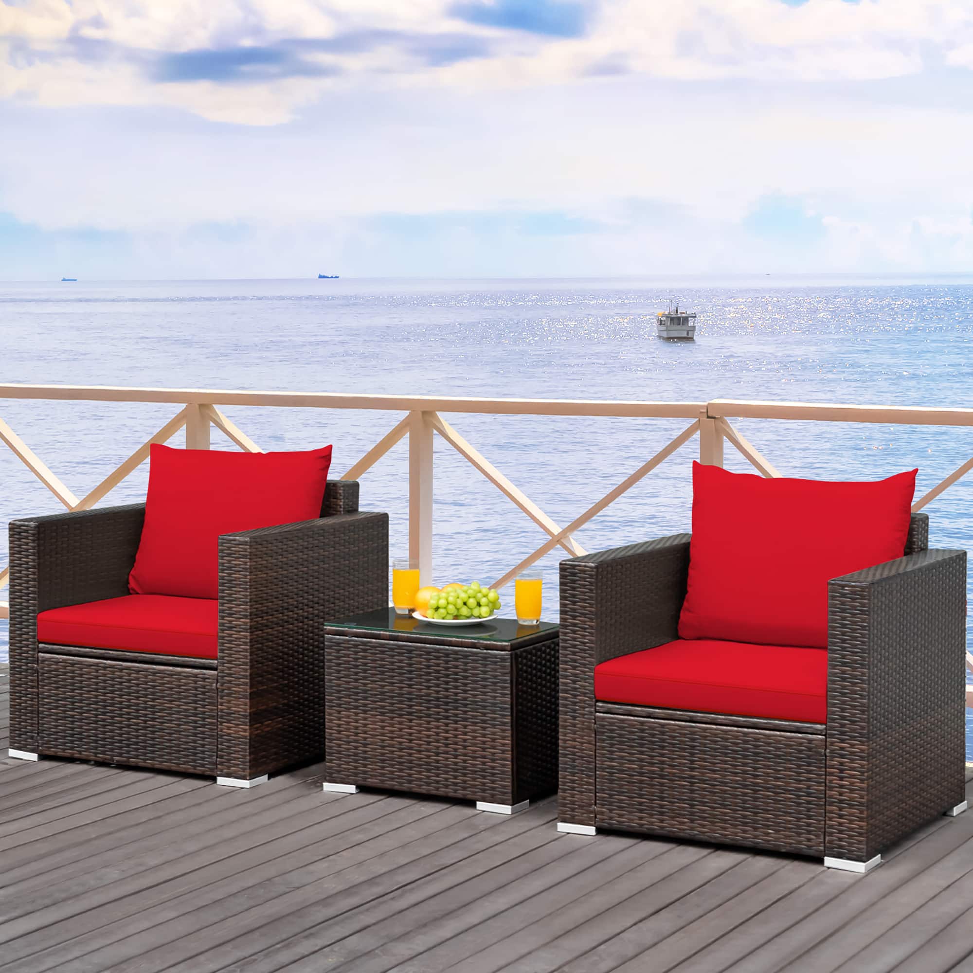 Costway - 3PCS Patio Rattan Furniture Set Conversation Sofa Cushioned Garden - Red
