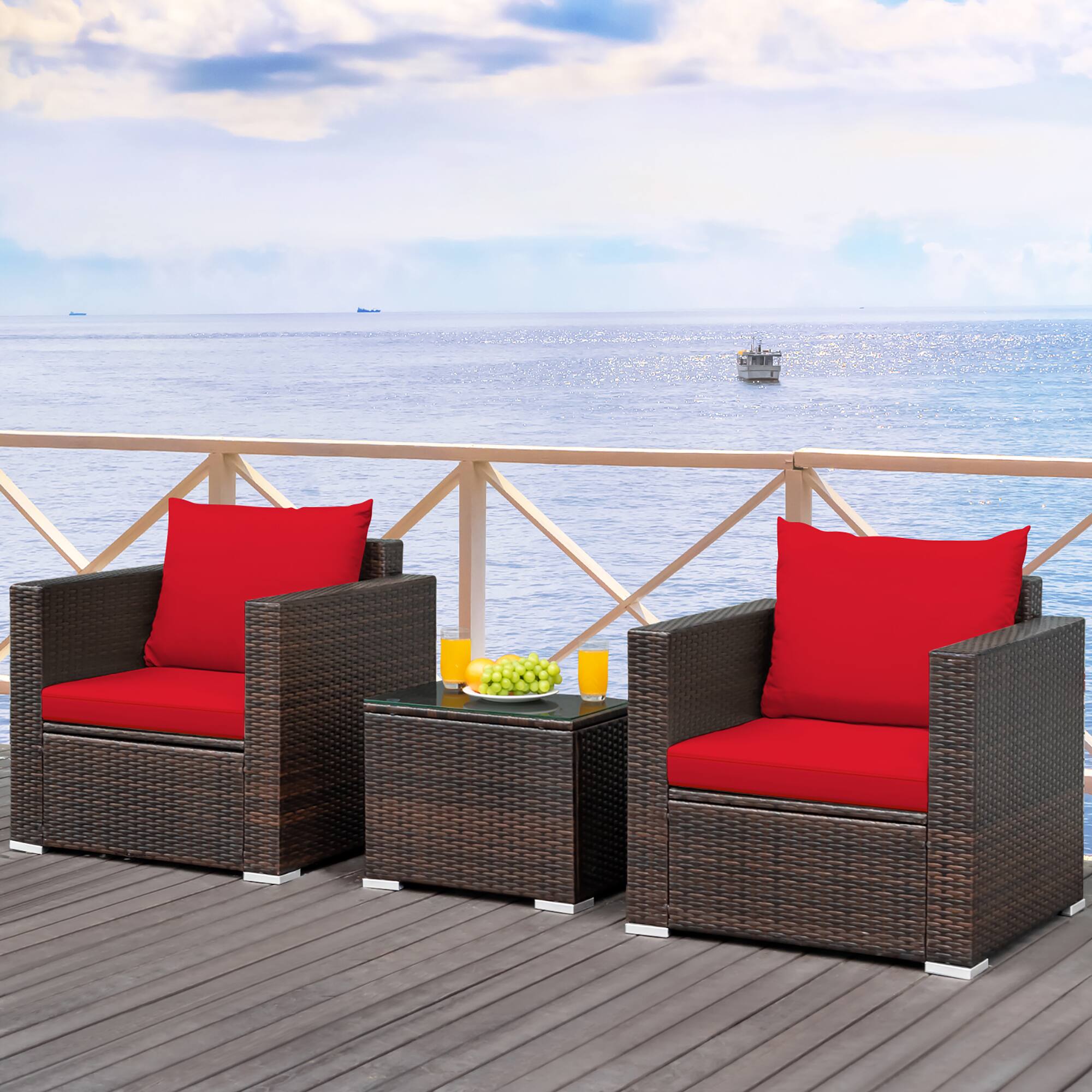 Alt View 1. Costway - Costway 3PCS Patio Rattan Furniture Set Conversation Sofa Cushioned Garden - Red.