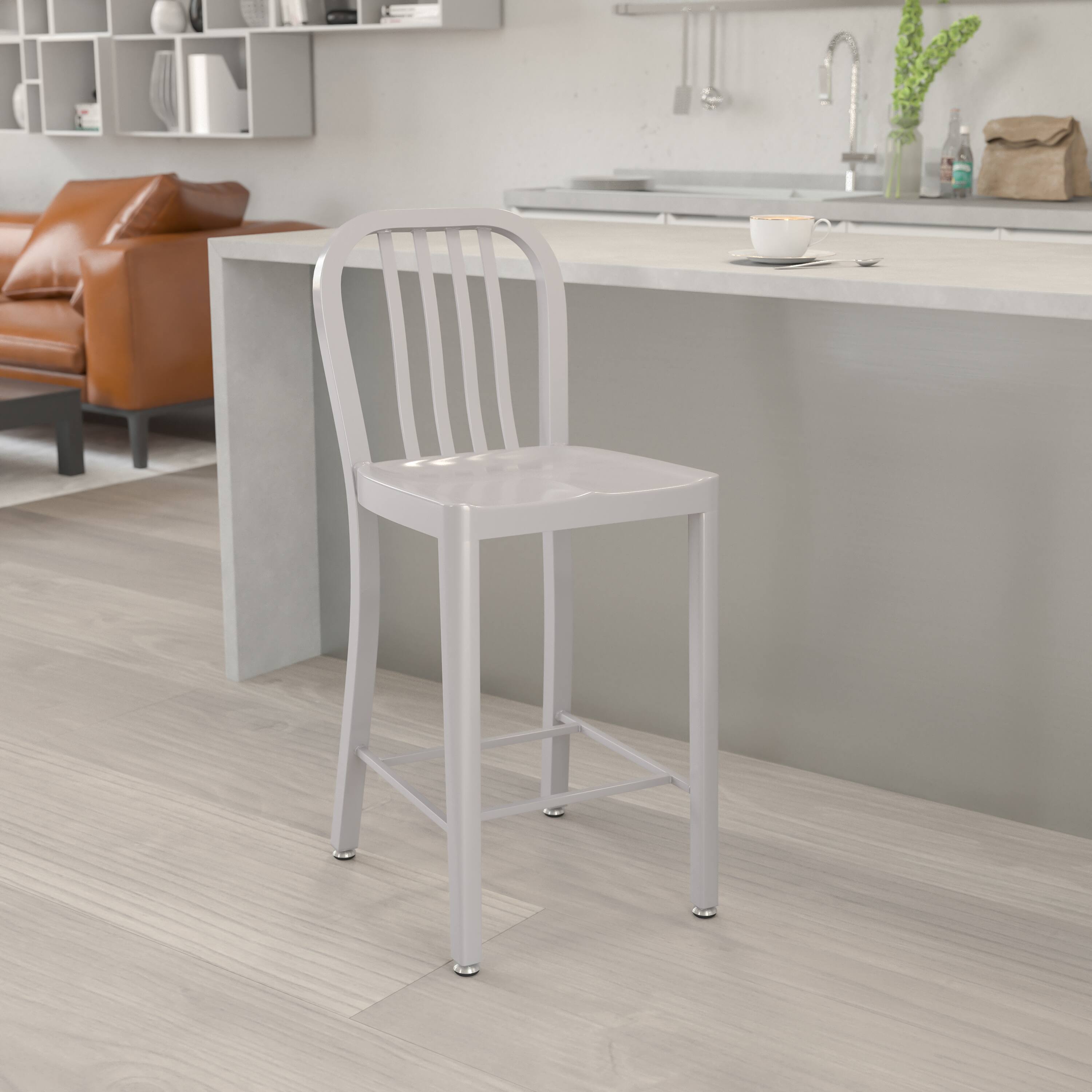 Alt View 12. Alamont Home - Gael 24" High Silver Metal Indoor-Outdoor Counter Height Stool w/ Vertical Slat Back - Silver.