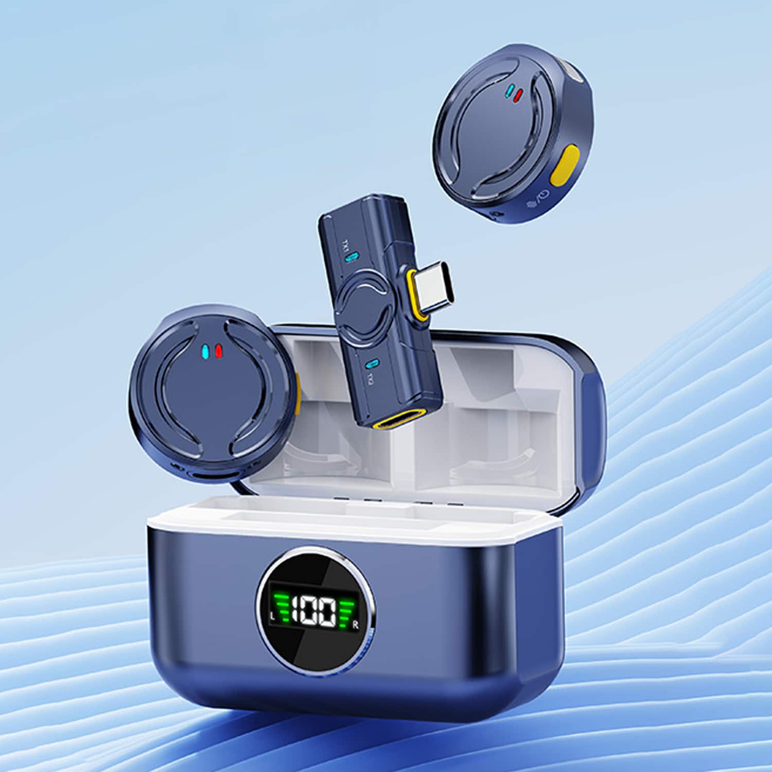 YONWAY - Wireless Lavalier Microphone, Noise Reduction, with 42H Charging Case, Mini Microphone (TYPE-C interface) - Blue