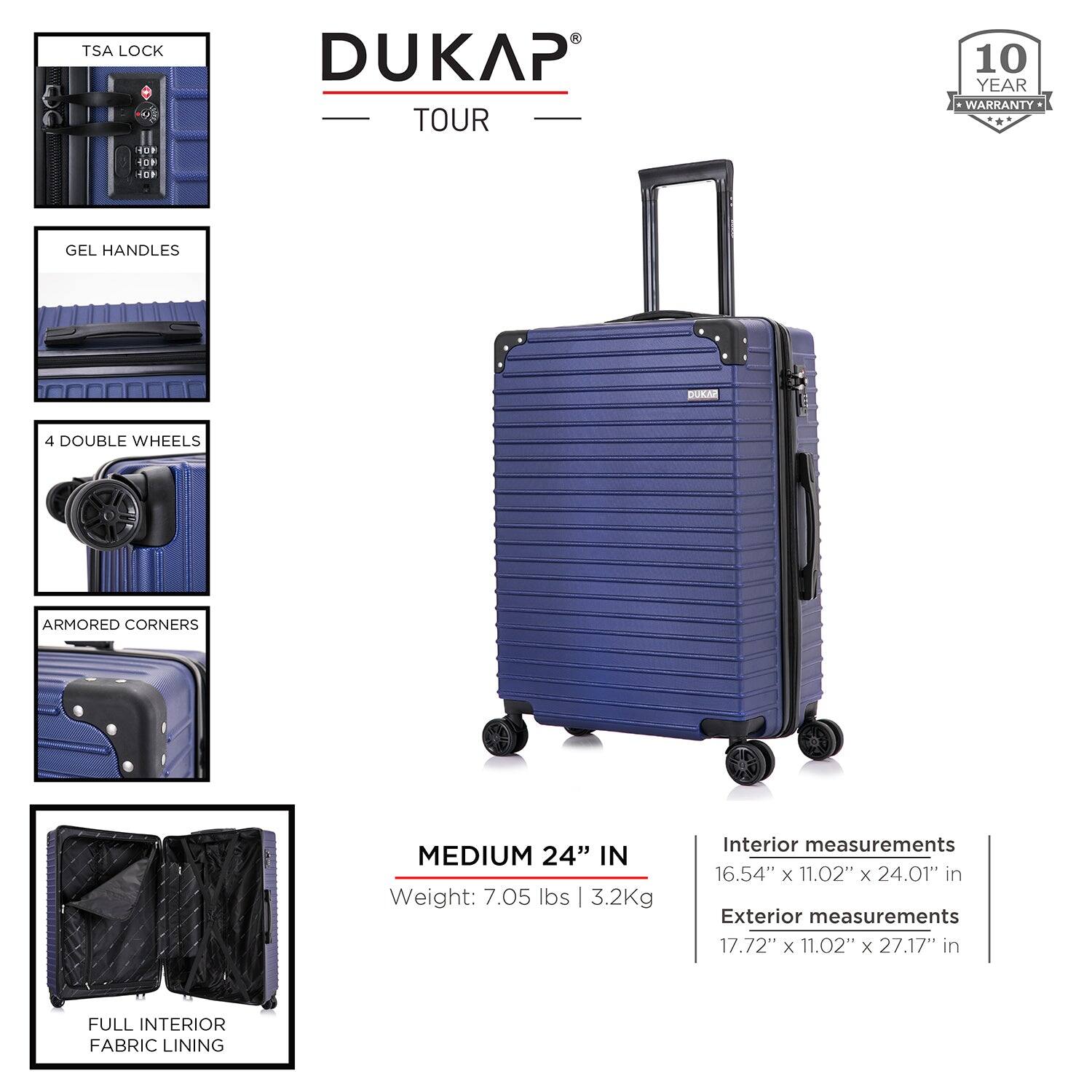 - TSA Lock
- Gel Handles
- 4 Double Wheels
- Armored Corners
- Full Interior Fabric Lining

- Medium 24" IN
- Weight: 7.05 lbs | 3.2Kg
- Interior measurements: 16.54" x 11.02" x 24.01" in
- Exterior measurements: 17.72" x 11.02" x 27.17" in

- 10 Year Warranty