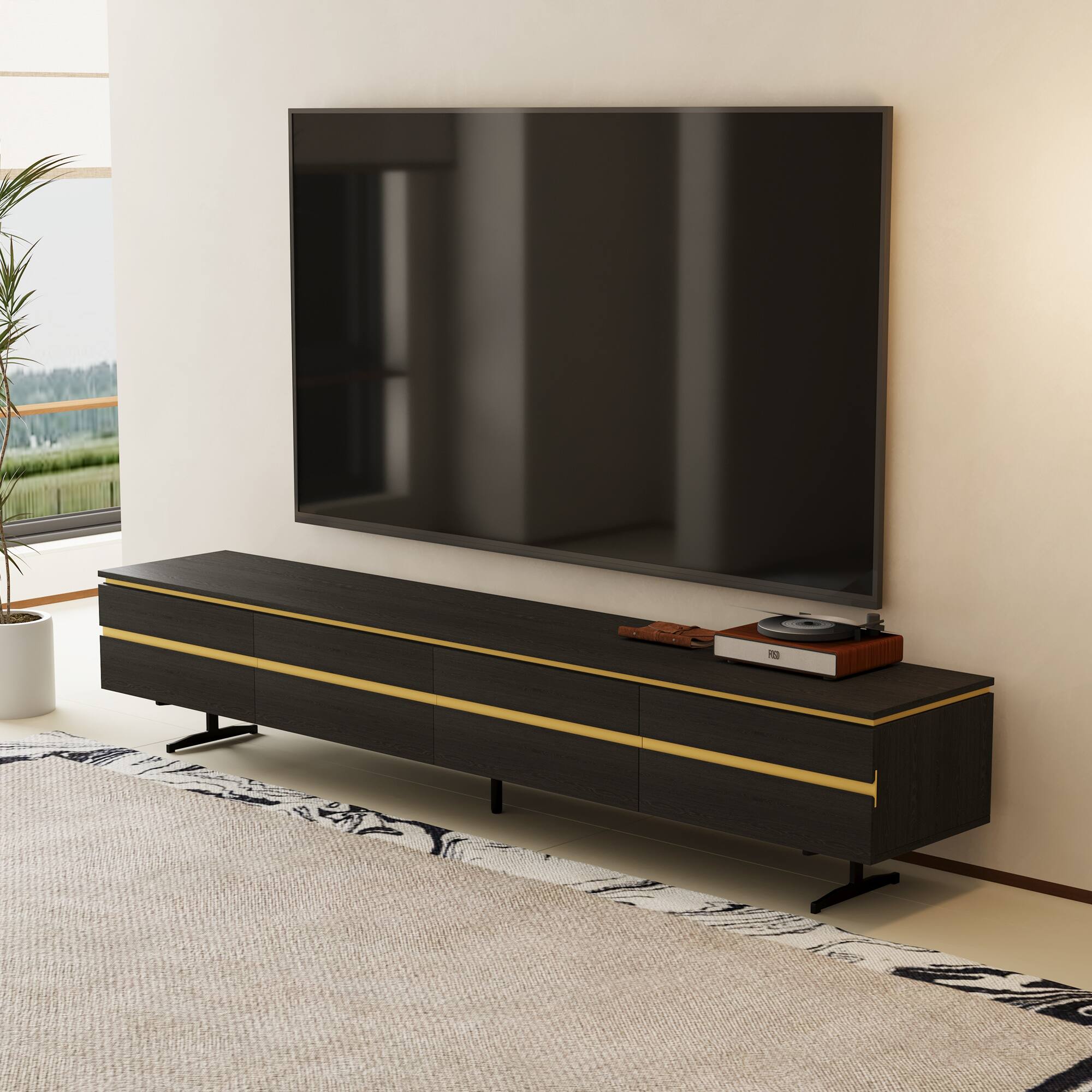 Back. luck idea - 86.61" Media Console TV Stand with Hidden Drawers, Enclosed Cabinets & Cable Management - Black.