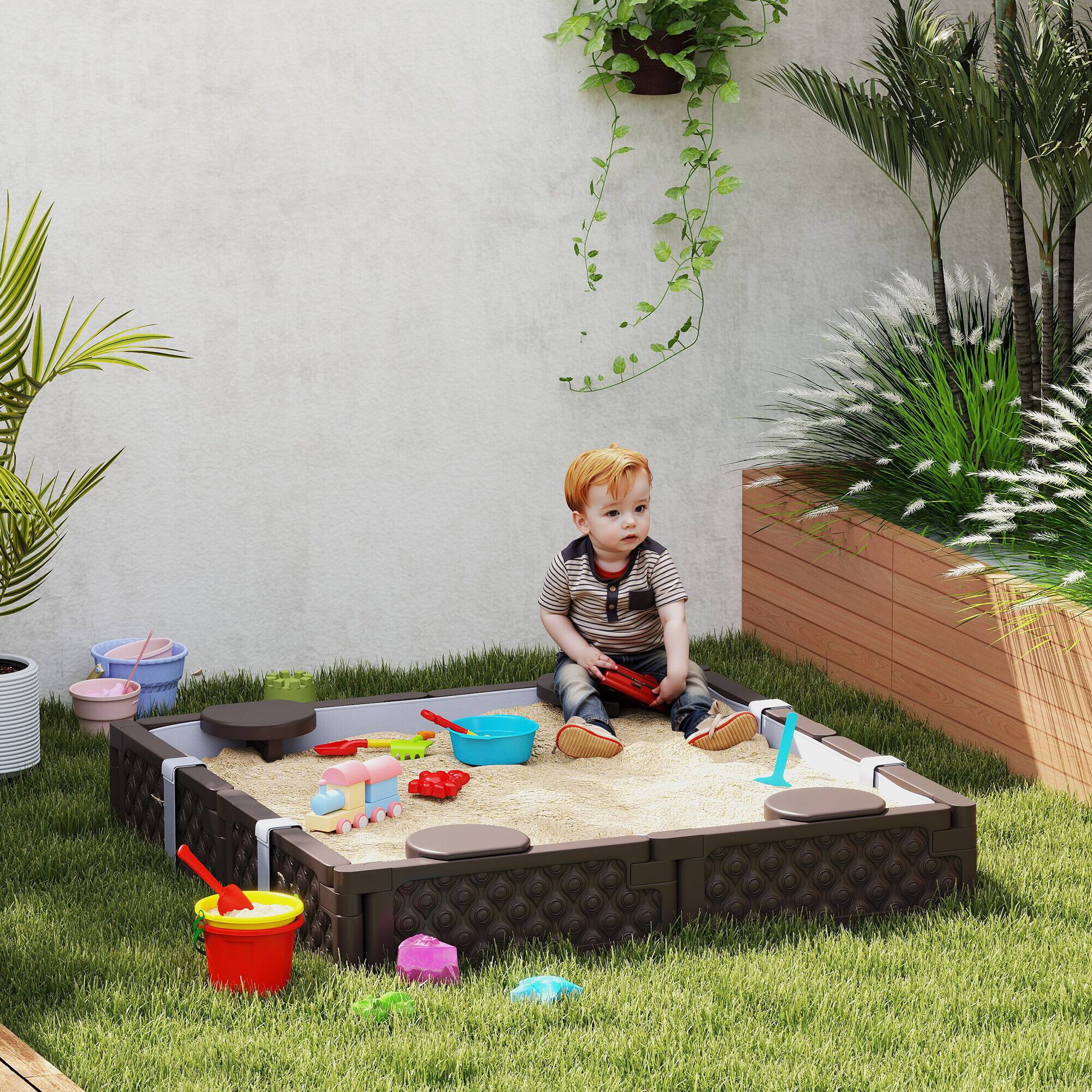 Alt View 1. Qaba - Sandbox with Cover, 4 Corner Seats, Bottom Liner for Backyard, Garden, Outdoor, 47" x 47" x 9".