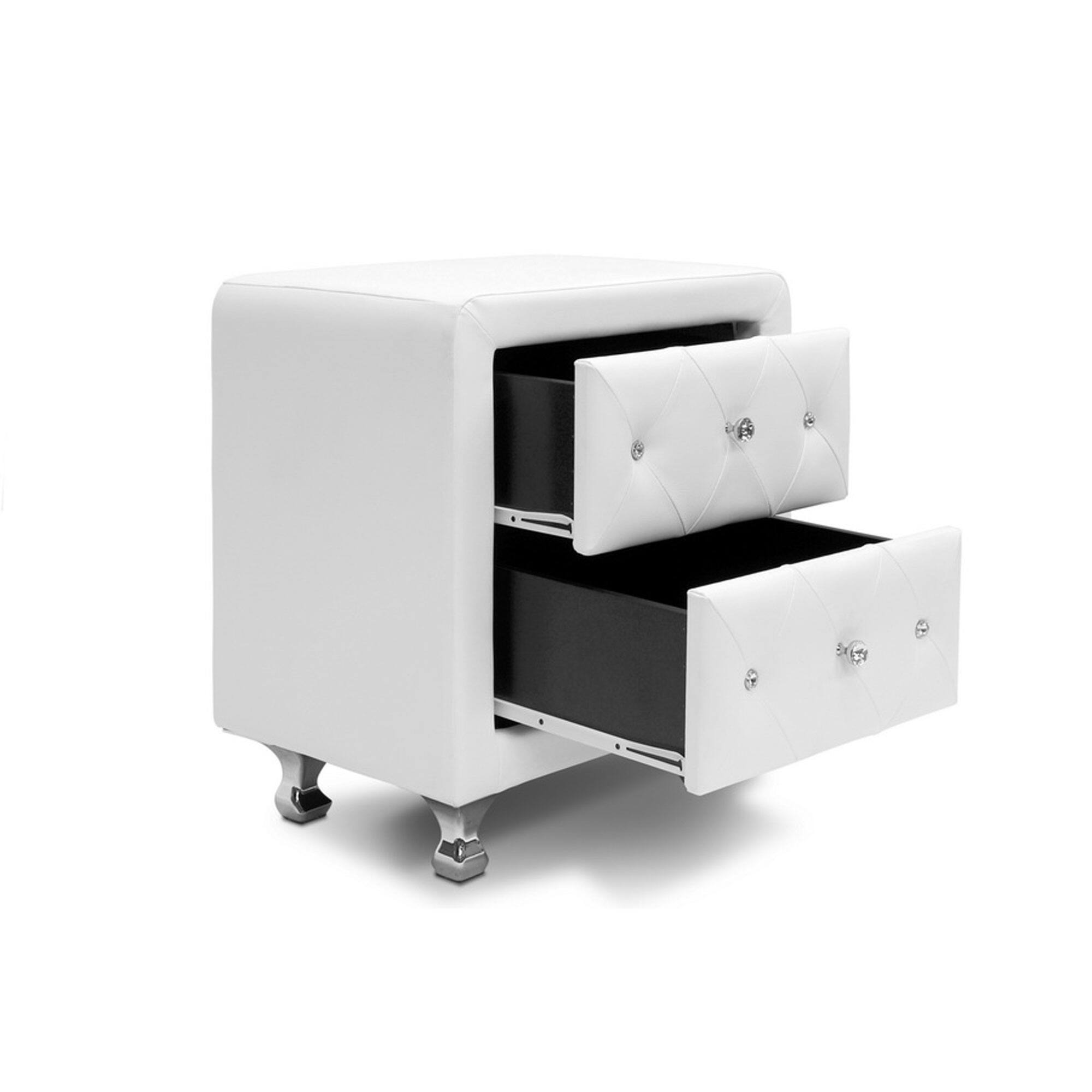 Back. Baxton Studio - Stella Crystal Tufted Upholstered Modern Nightstand - White.