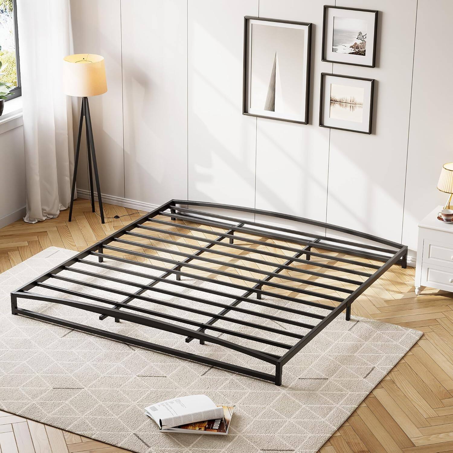 Front. GARVEE - Linen Upholstered Bed Frame with Storage Headboard and 2 Drawers, Durable Platform, Wood Slats Base - Black.