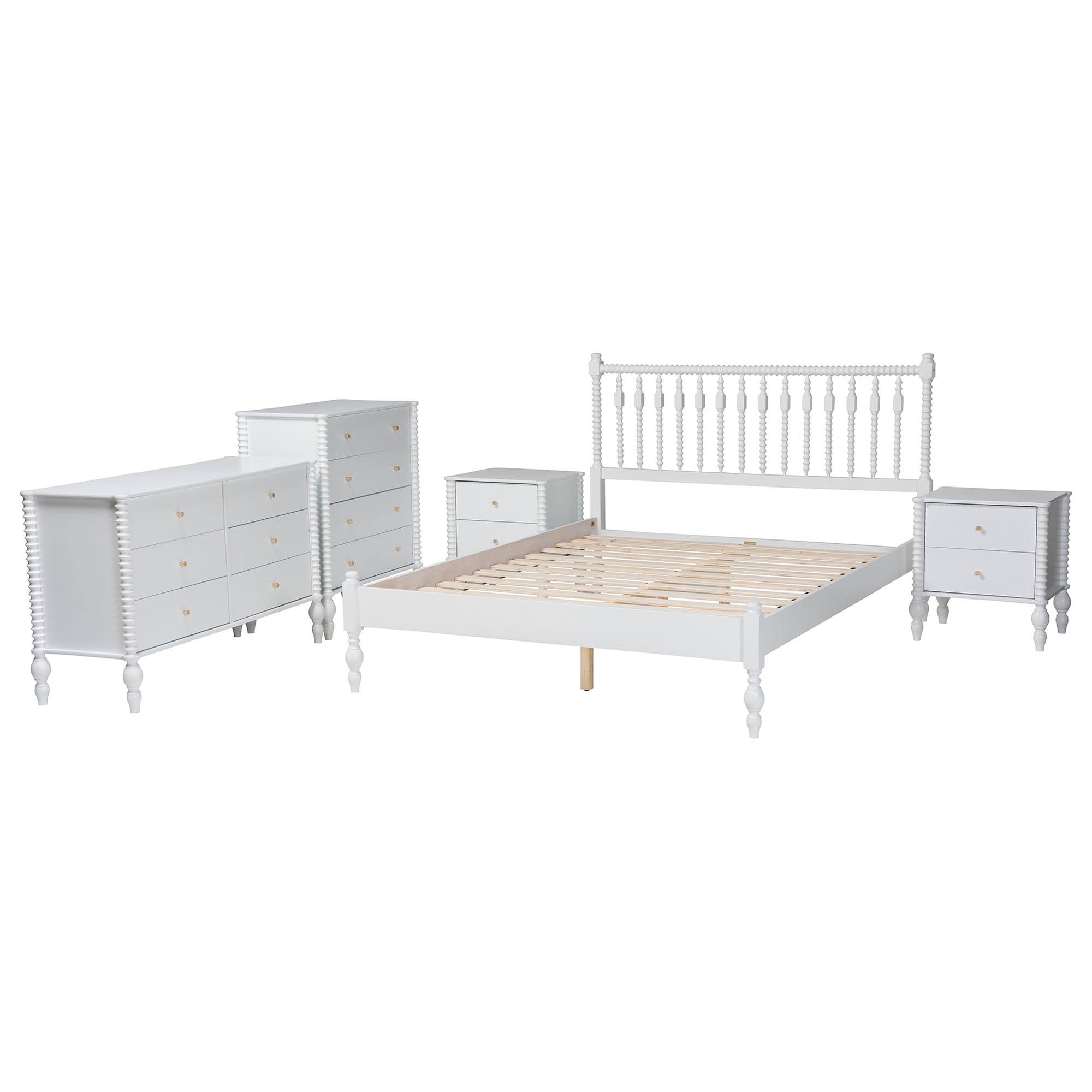 Angle. Baxton Studio - Callison Spindle 5-Piece Bedroom Set - Platform Bed with Matching Dresser, Chest, and 2-Drawer Nightstands, Queen - White.