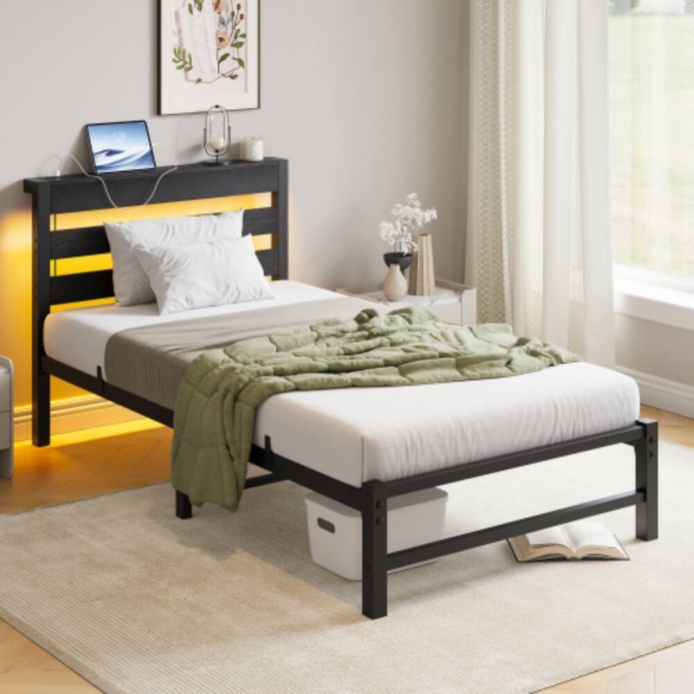 Front. LUCKY ONE - Twin Size Heavy Duty Platform Bed Frame with USB Charging Station, LED Lights, Steel Slats, No Box Spring Needed - Black.