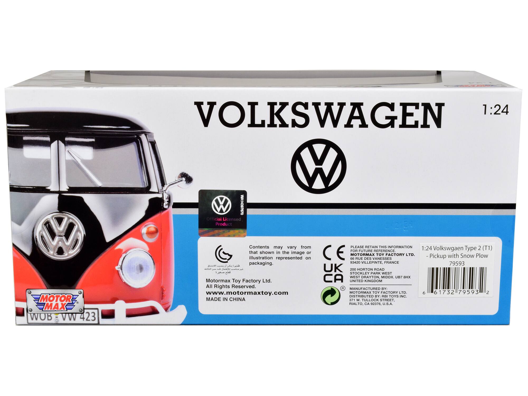 V MOTOR MAX WOB VW 423 VOLKSWAGEN 1:24 W WNA14387870 Official Licensed Product

Contents may vary from that shown in the image or illustration represented on packaging.

PLEASE RETAIN THIS INFORMATION FOR FUTURE REFERENCE

1:24 Type 2 (T1) Pickup with Snow Plow

Volkswagen

MOTORMAX TOY FACTORY LTD.

83420 VILLEPINTE, FRANCE

79593

UK 200 HORTON ROAD
STOCKLEY PARK WEST
CA WEST RAYTON
MIDDX UB? EHO

Motormax Toy Factory Ltd.
UNITED KINGDOM
All Rights Reserved.

www.motormaxtoy.com

MOTORMAX TOY FACTORY LTD

6 61732 79593 2

DISTRIBUTED BY TOYS INO

MADE IN CHINA

TULLOCK STREET
RIALTO, CA 92376, U.S.A.