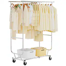 Topteng - Heavy Duty Rolling Clothes Rack - 660 lbs Capacity, Adjustable Height & Width, 4 Locking Wheels, Chrome Steel for Home - Silver