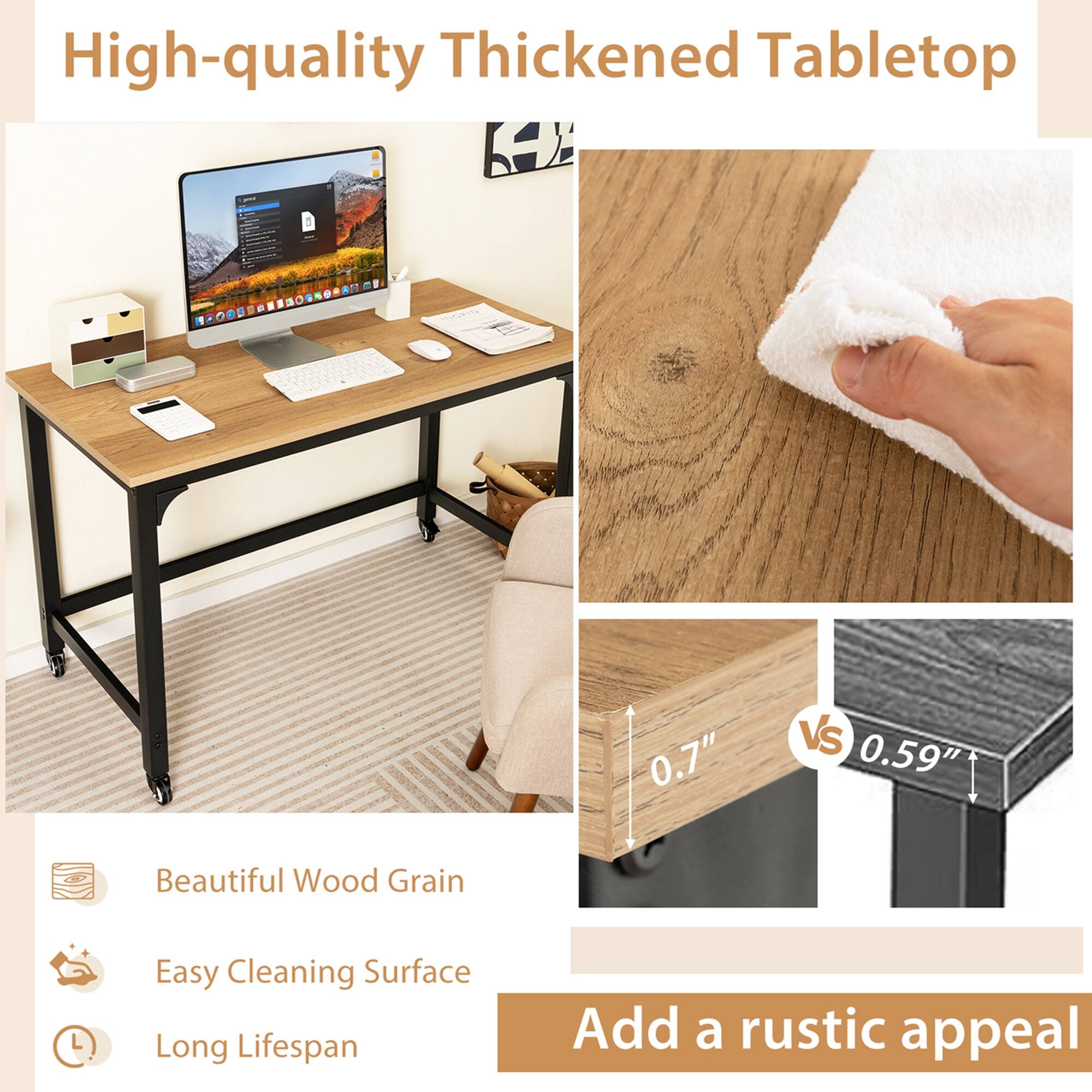 High-quality Thickened Tabletop H - 0.7" Vs 0.59" Beautiful Wood Grain Easy Cleaning Surface Long Lifespan Add a rustic appeal