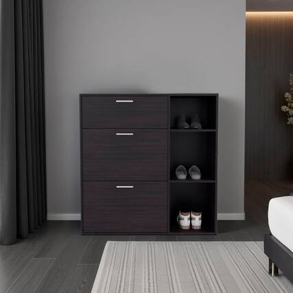 Front. TinyHomie - Sierra Shoe Storage Cabinet 2 Tilt-Out Drawers 1 Top Drawer 3 Open Side Shelves Vertical Design - Wenge.