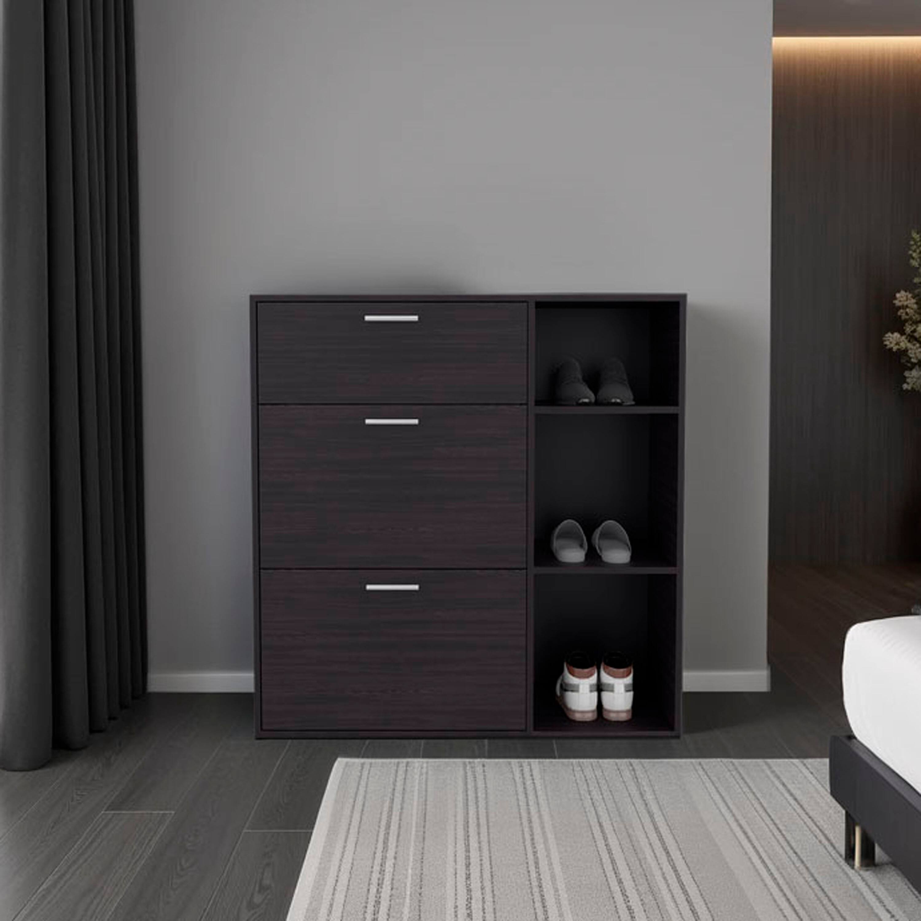 Front. TinyHomie - Sierra Shoe Storage Cabinet 2 Tilt-Out Drawers 1 Top Drawer 3 Open Side Shelves Vertical Design - Wenge.