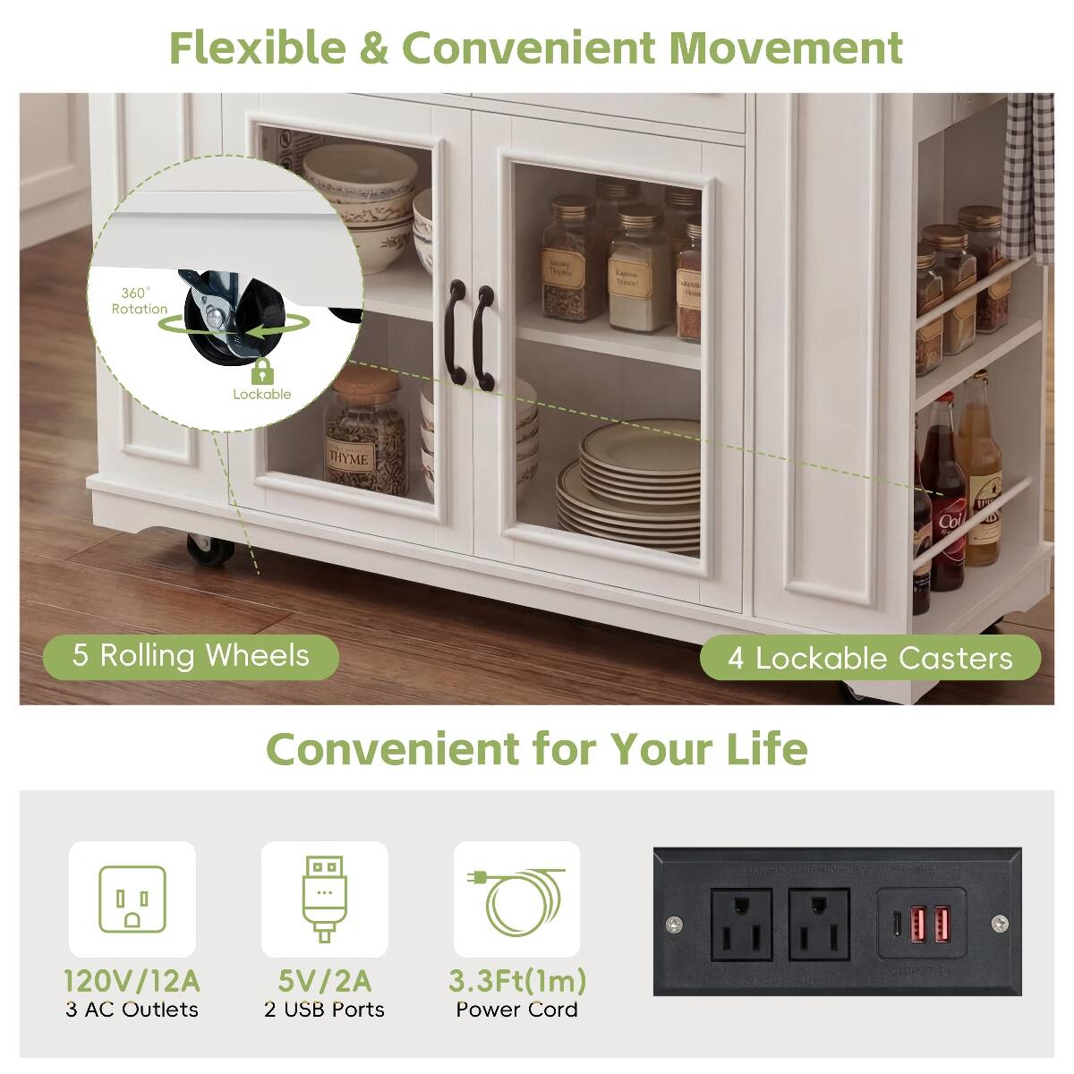 Flexible & Convenient Movement  
360° Rotation  
Lockable  
THYME  
CC  
Thppos  
Lajeco "ween  

Col  
5 Rolling Wheels  
4 Lockable Casters  
Convenient for Your Life  
LOVE  
120V/12A 3 AC Outlets  
5V/2A 2 USB Ports  
3.3Ft(1m) Power Cord  
CLOPORTING