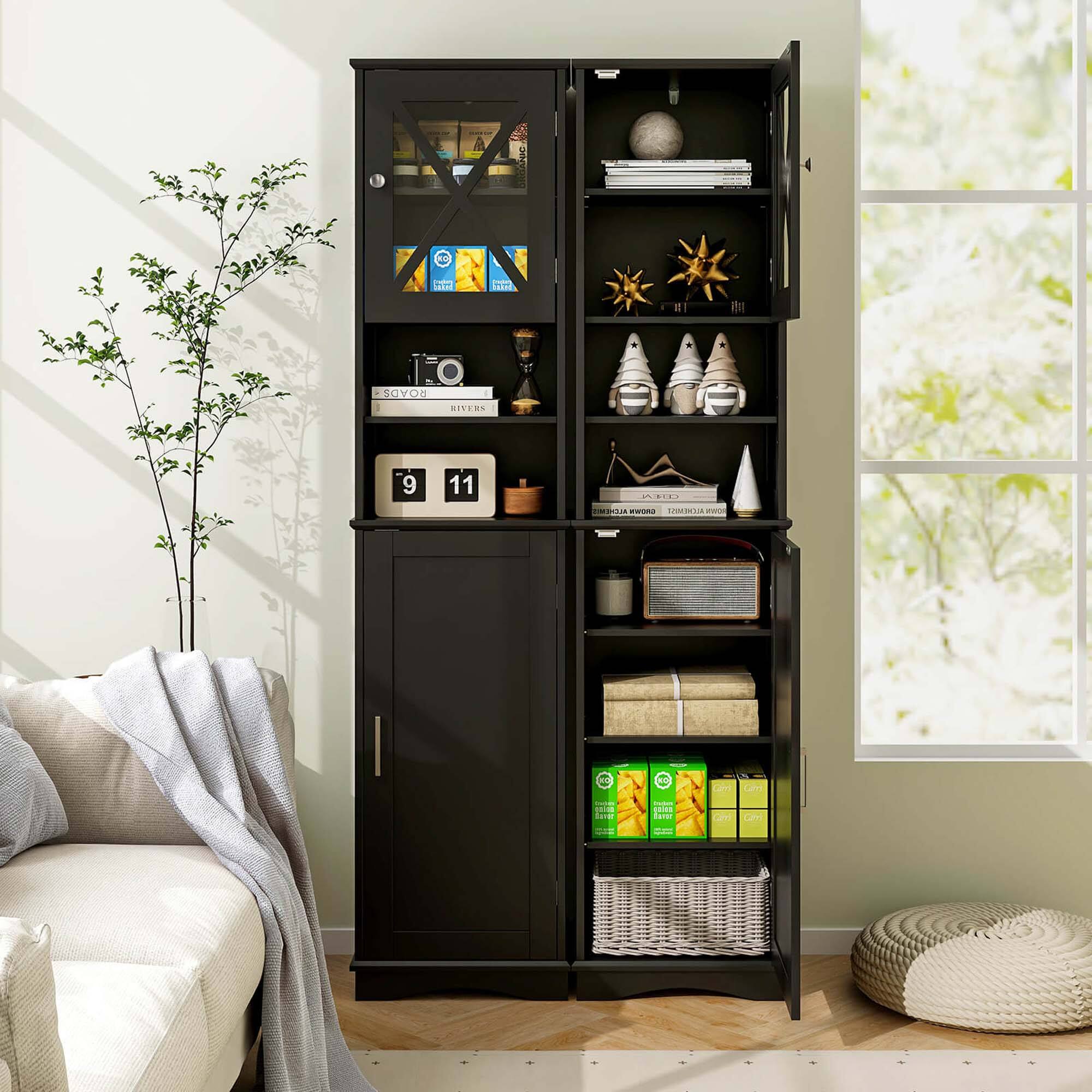 The image features a black bookshelf filled with various items, including books, a potted plant, and a vase. The shelf is located next to a window, and a couch can be seen in the background. The bookshelf is also adorned with a clock and a star decoration. The scene appears to be a cozy living space, with the bookshelf serving as a focal point in the room.