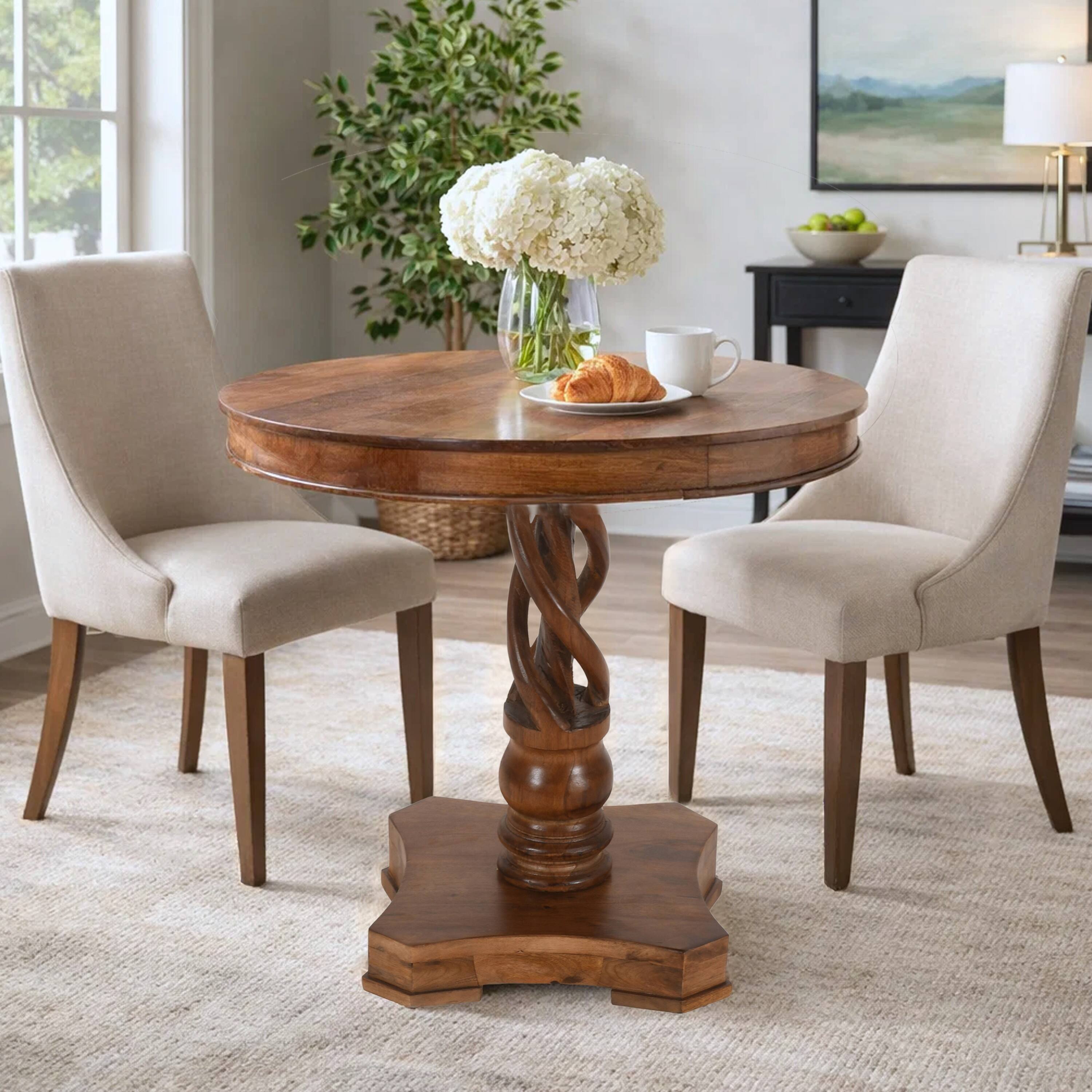Alt View 9. Manhattan Lane - 30 Inch Handcrafted Round Mango Wood Dinette, Artisanal Twisted Pedestal Base - Brown.