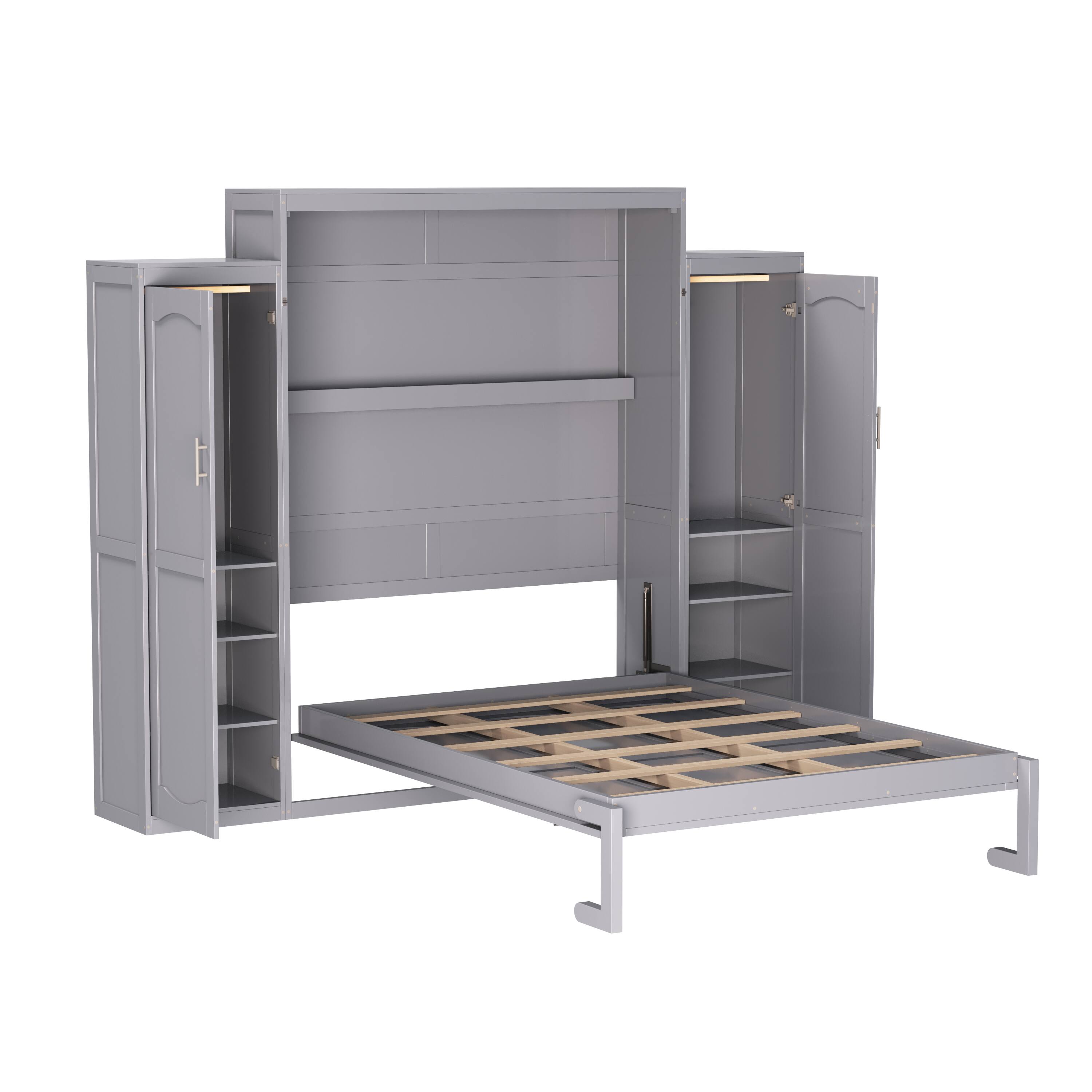 Alt View 5. Tiramisubest - Queen Size Murphy Bed with 2 Wardrobe and Storage Shelf, Multifunctional Foldable Platform Bedframe, Gray - Gray.