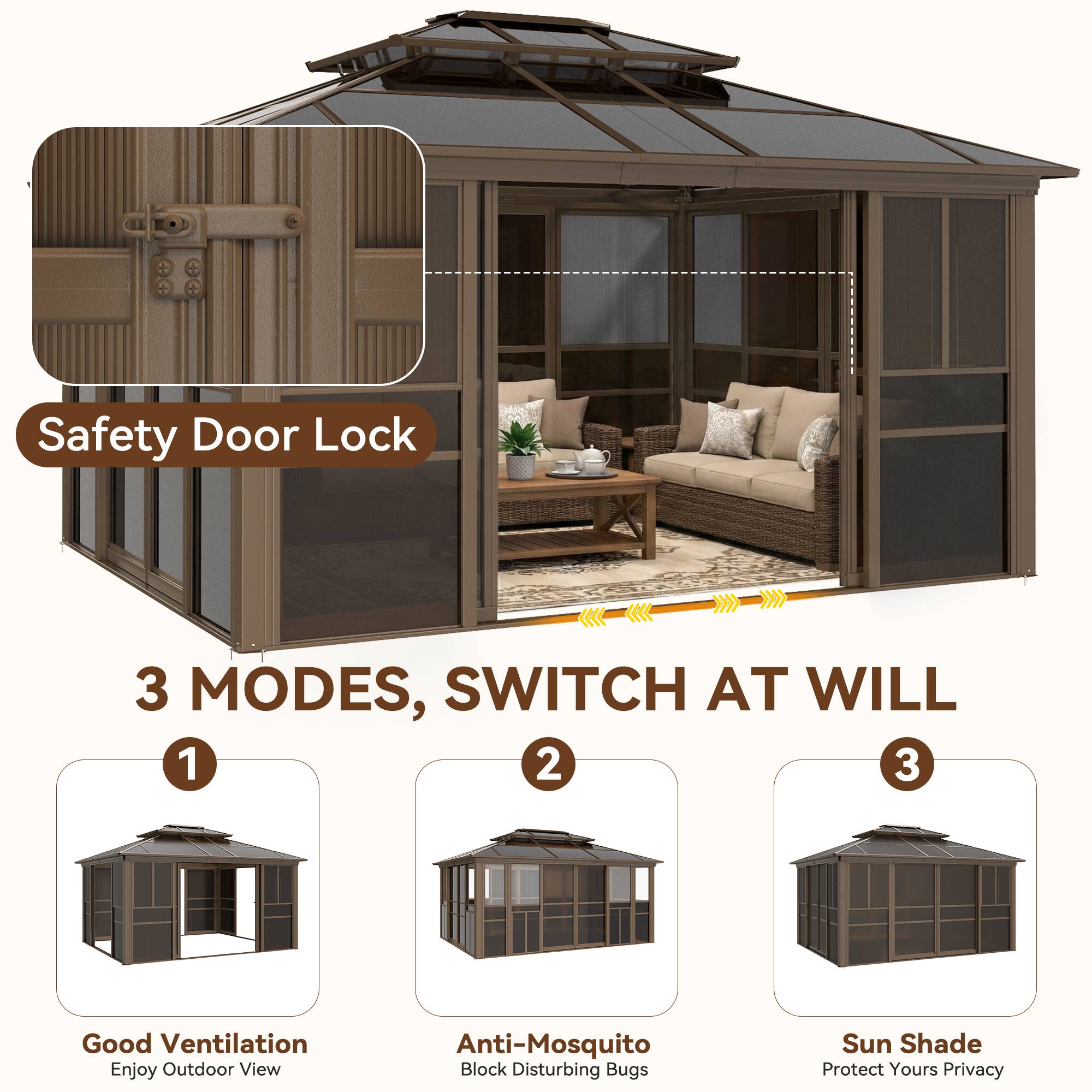 Safety Door Lock  
3 MODES, SWITCH AT WILL  

1. Good Ventilation  
Enjoy Outdoor View  

2. Anti-Mosquito  
Block Disturbing Bugs  

3. Sun Shade  
Protect Yours Privacy