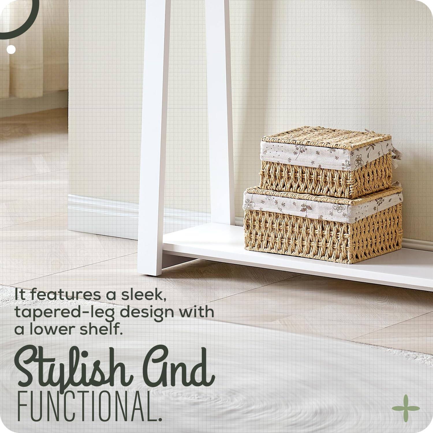 It features a sleek, tapered-leg design with a lower shelf.

Stylish And FUNCTIONAL.