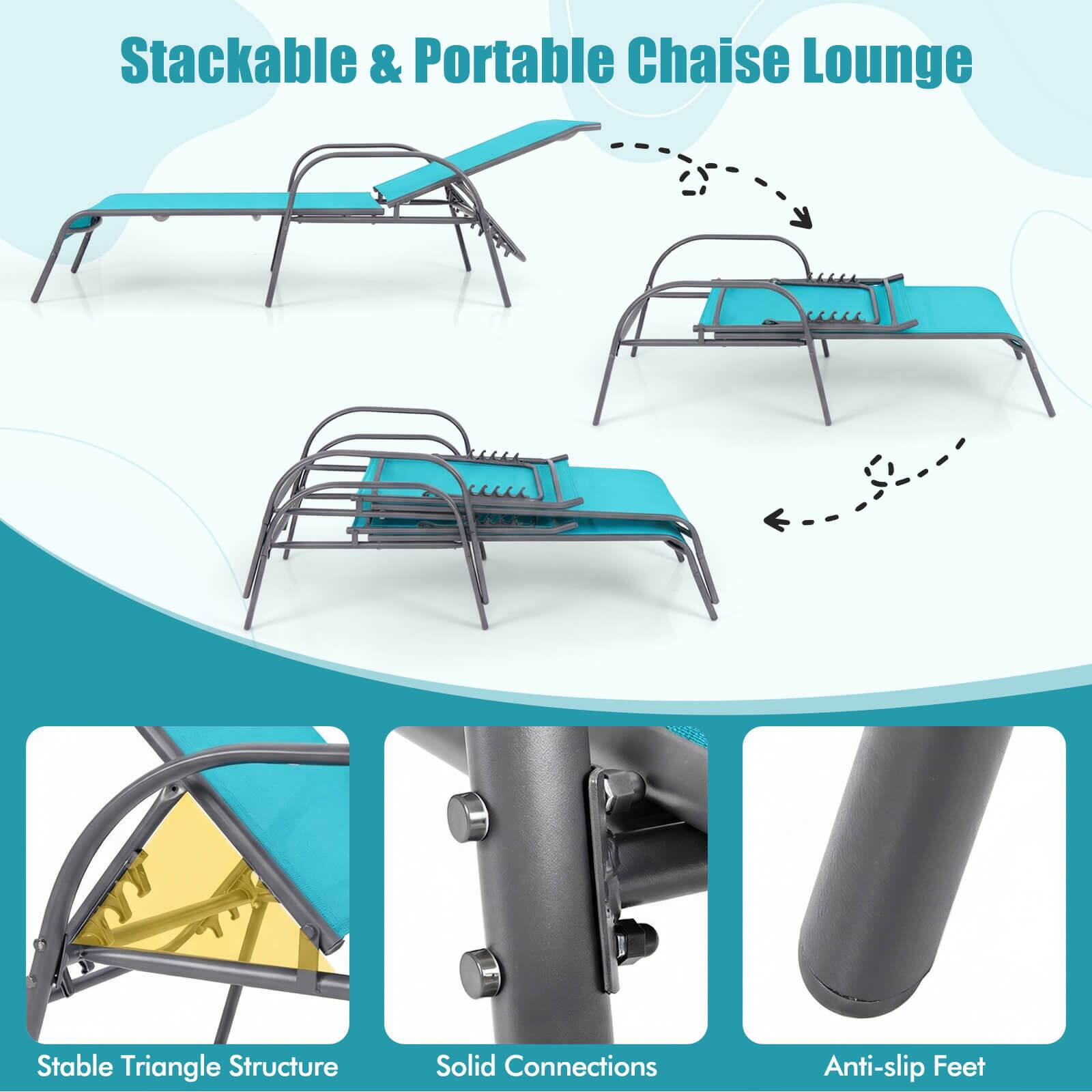 Stackable & Portable Chaise Lounge

- Stable Triangle Structure
- Solid Connections
- Anti-slip Feet