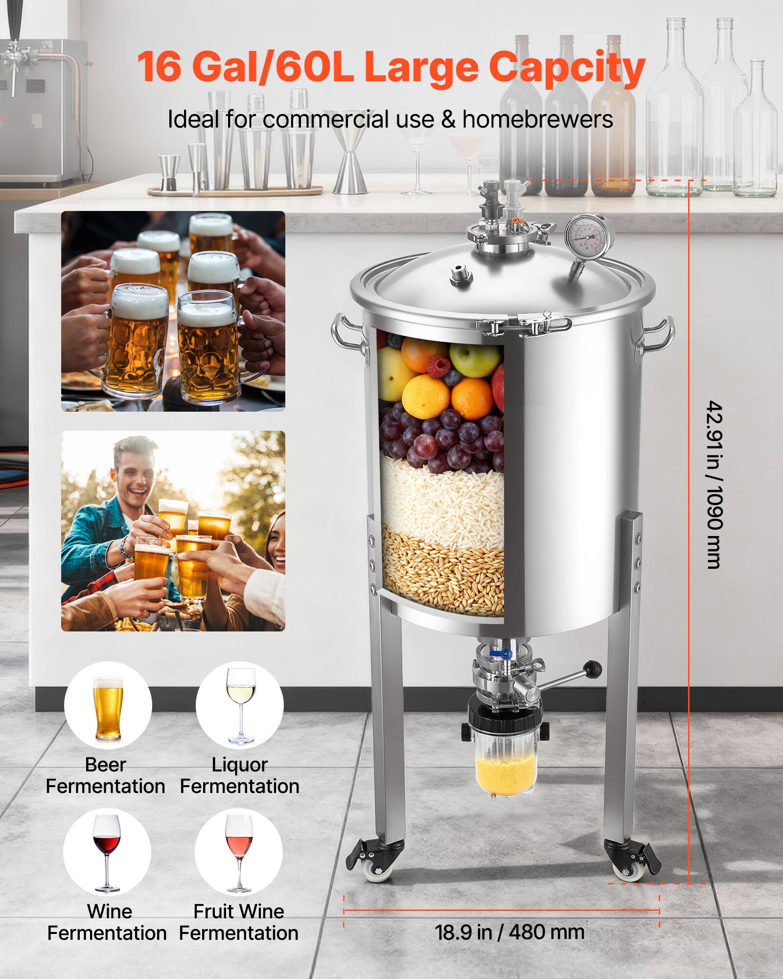 16 Gal/60L Large Capacity  
Ideal for commercial use & homebrewers  

42.91 in / 1090 mm  

Beer Fermentation  
Liquor Fermentation  
Wine Fermentation  
Fruit Wine Fermentation  

18.9 in / 480 mm