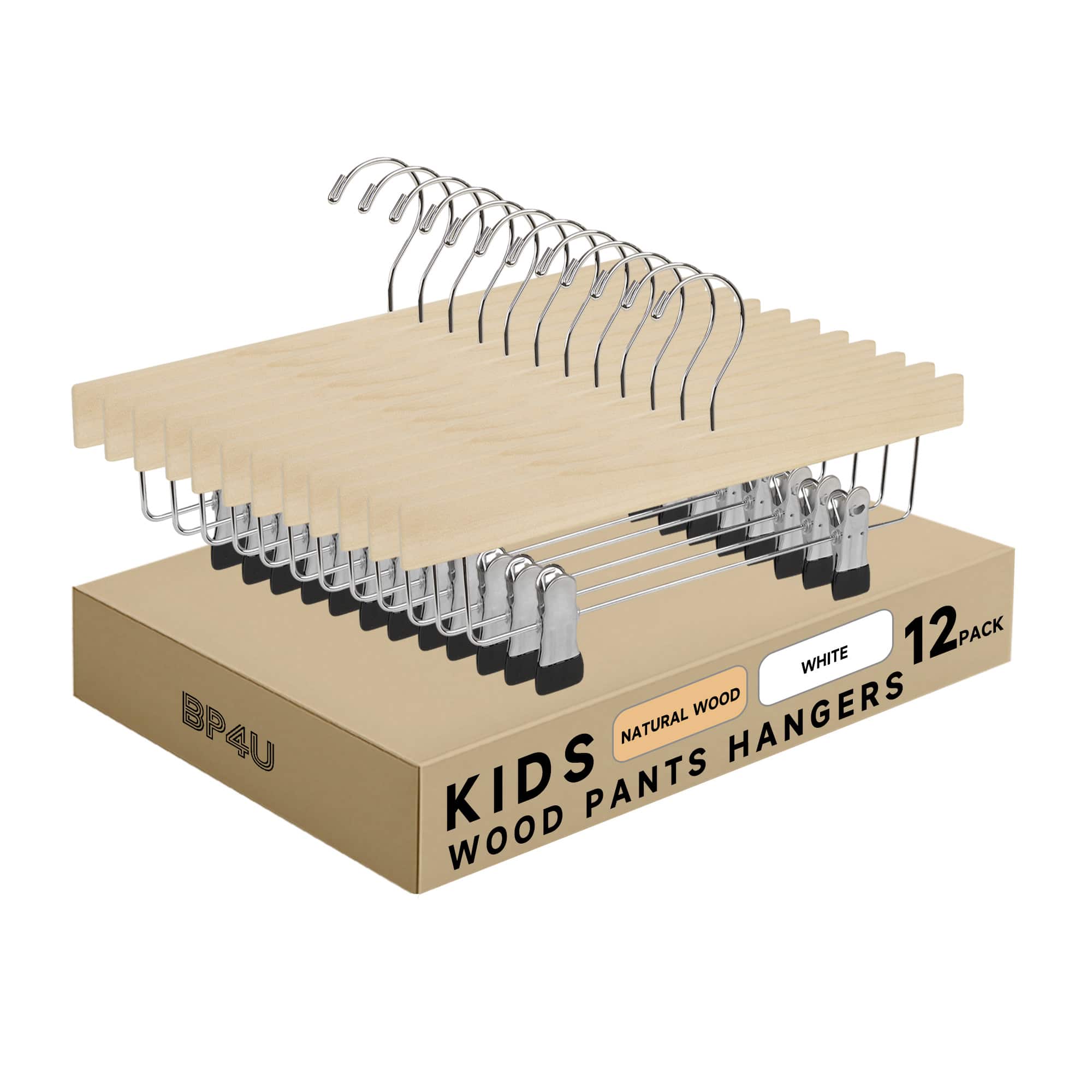 BP4U - 12-Pack Kids Wooden Pants Hangers, Baby, Toddler's Wood Skirts Hangers with Clips for Slacks, Socks, Towels(Natural) - Natural Wood