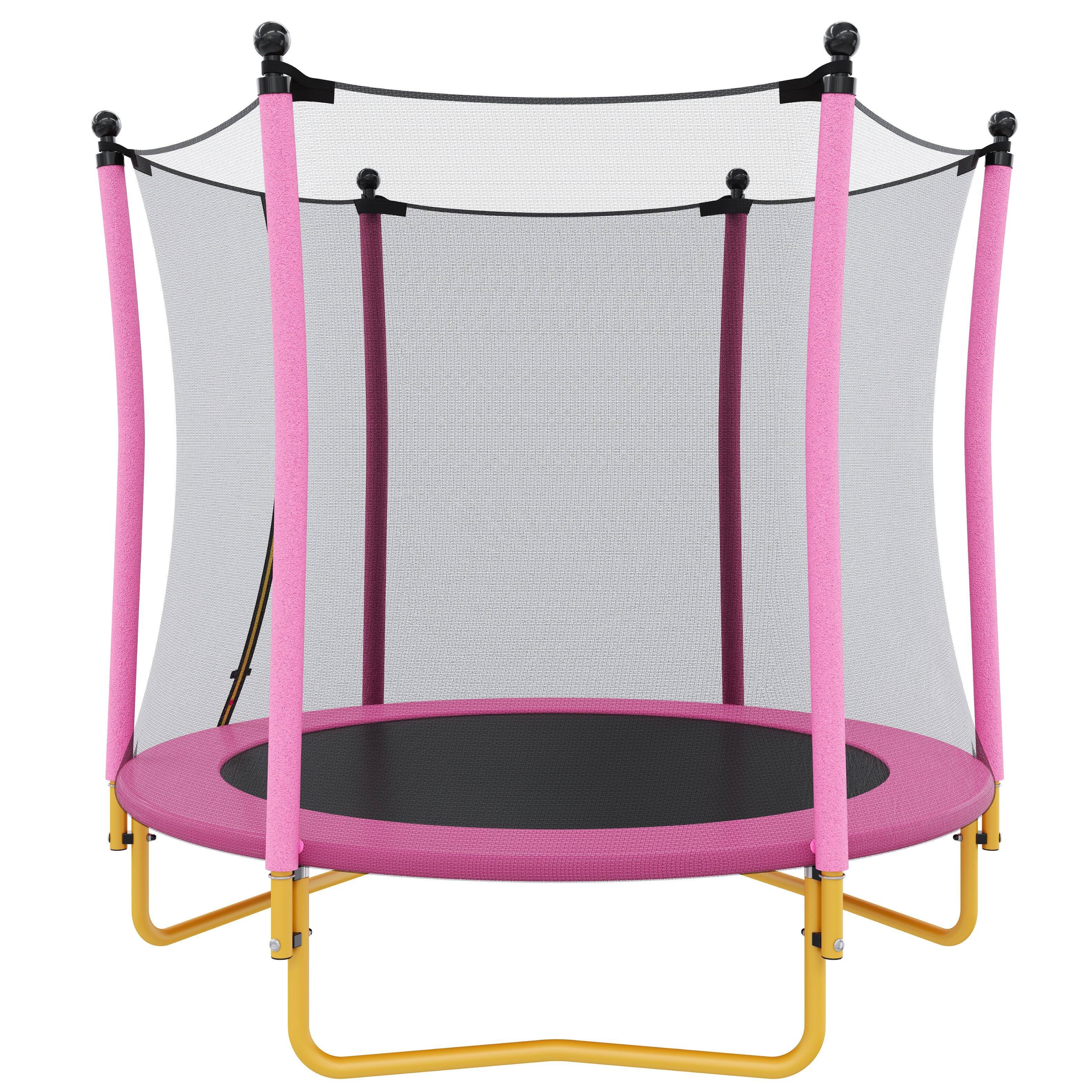 Angle. Whisen - 5.5FT Outdoor Trampline for Kids with Safety Enclosure,U-Shaped Legs and Foam Padded Poles - Pink.