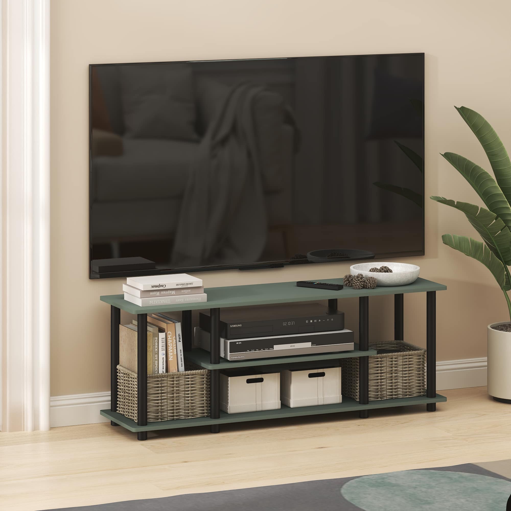 Furinno - TURN-N-TUBE TV Stand, 3-Tier No Tools Entertainment Center, TV Console for TVs up to 50 Inch, for Living Room, Bedroom - Sage Green/Black