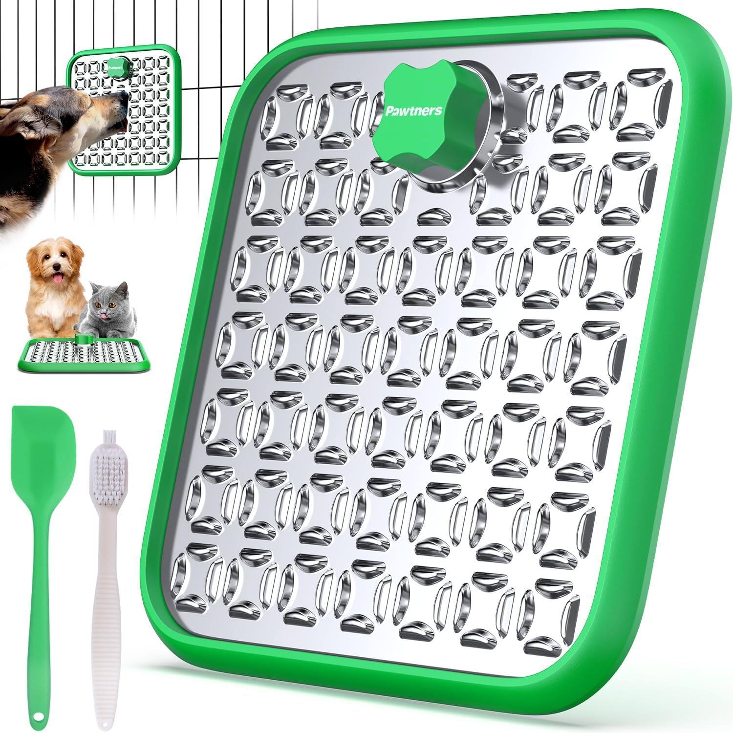 Pawtners - Stainless Steel Dog & Cat Lick Mat with Suction Cup, Brush & Spatula for Slow Feeding & Anxiety Relief - Green